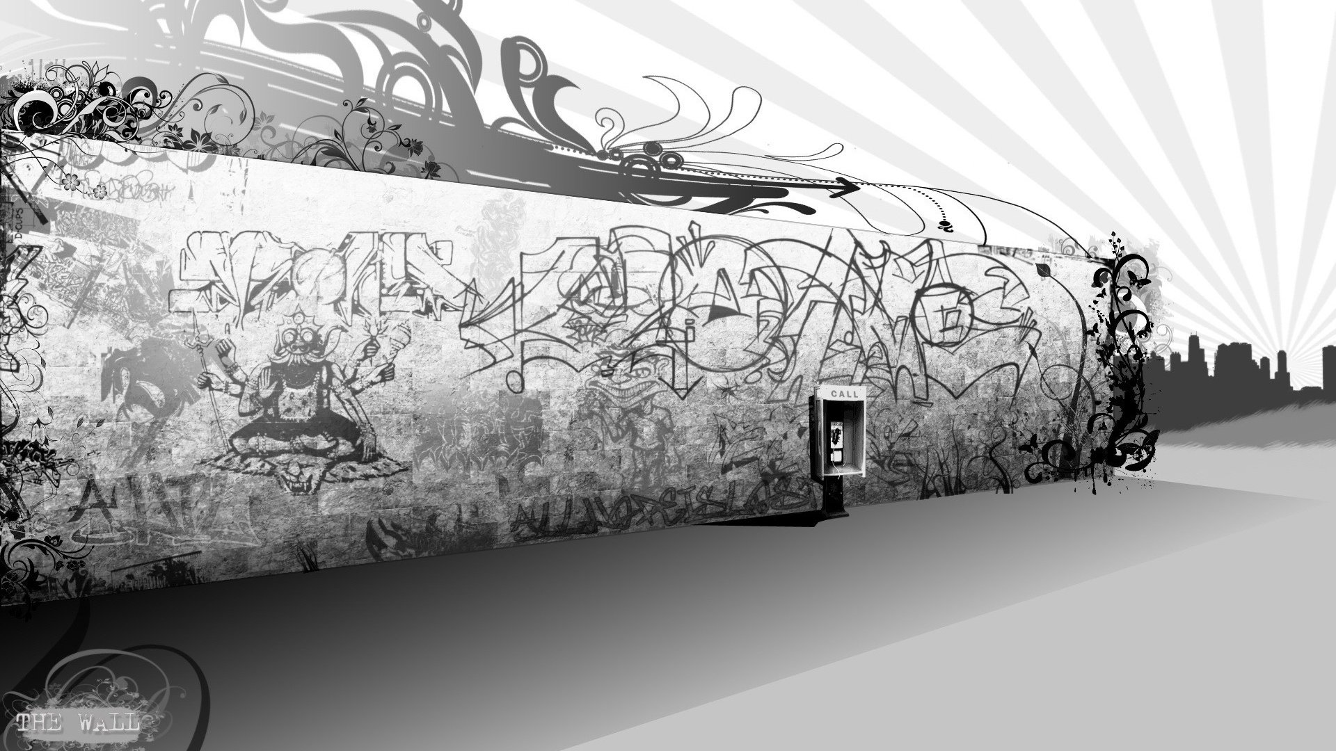 Обои стена, черно-белая, телефон, граффити, wall, black and white, phone, graffiti разрешение 1920x1200 Загрузить