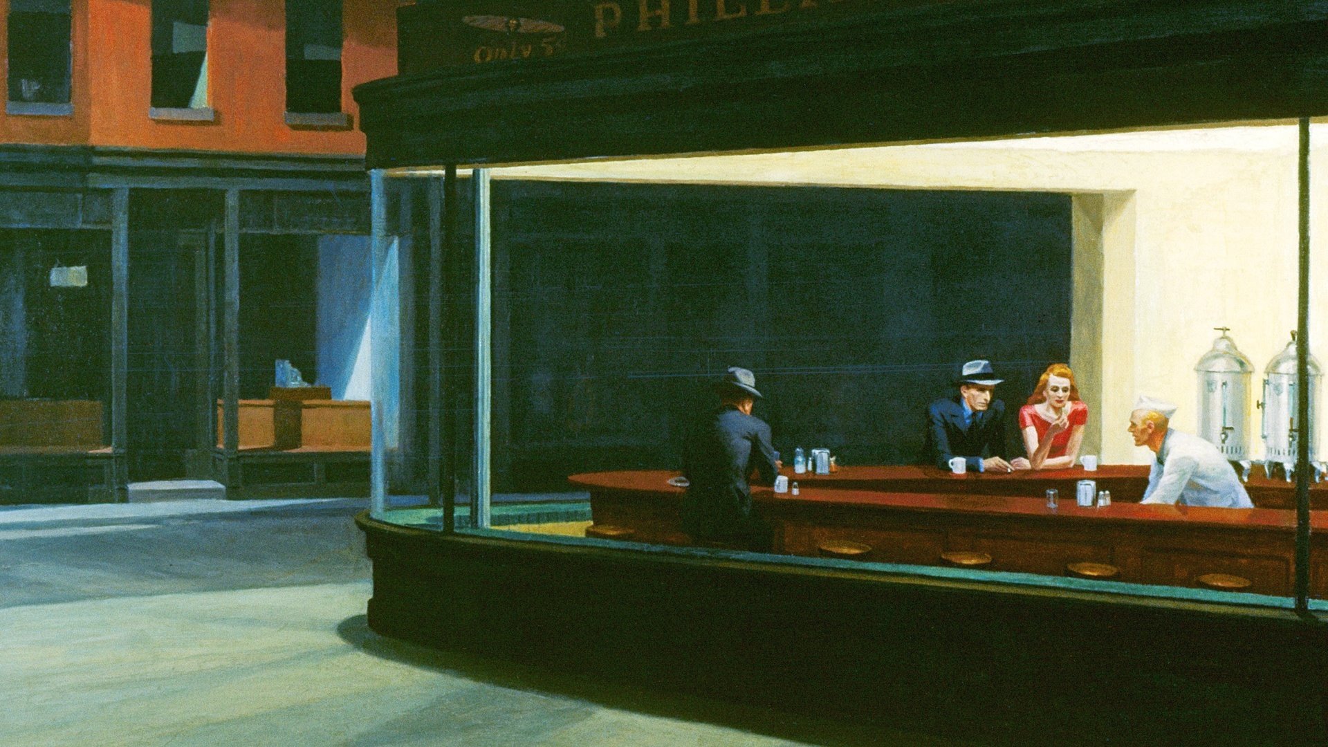 Обои рисунок, кафе, полуночники, эдвард хоппер, nighthawks, figure, cafe, night owls, edward hopper разрешение 2560x1600 Загрузить