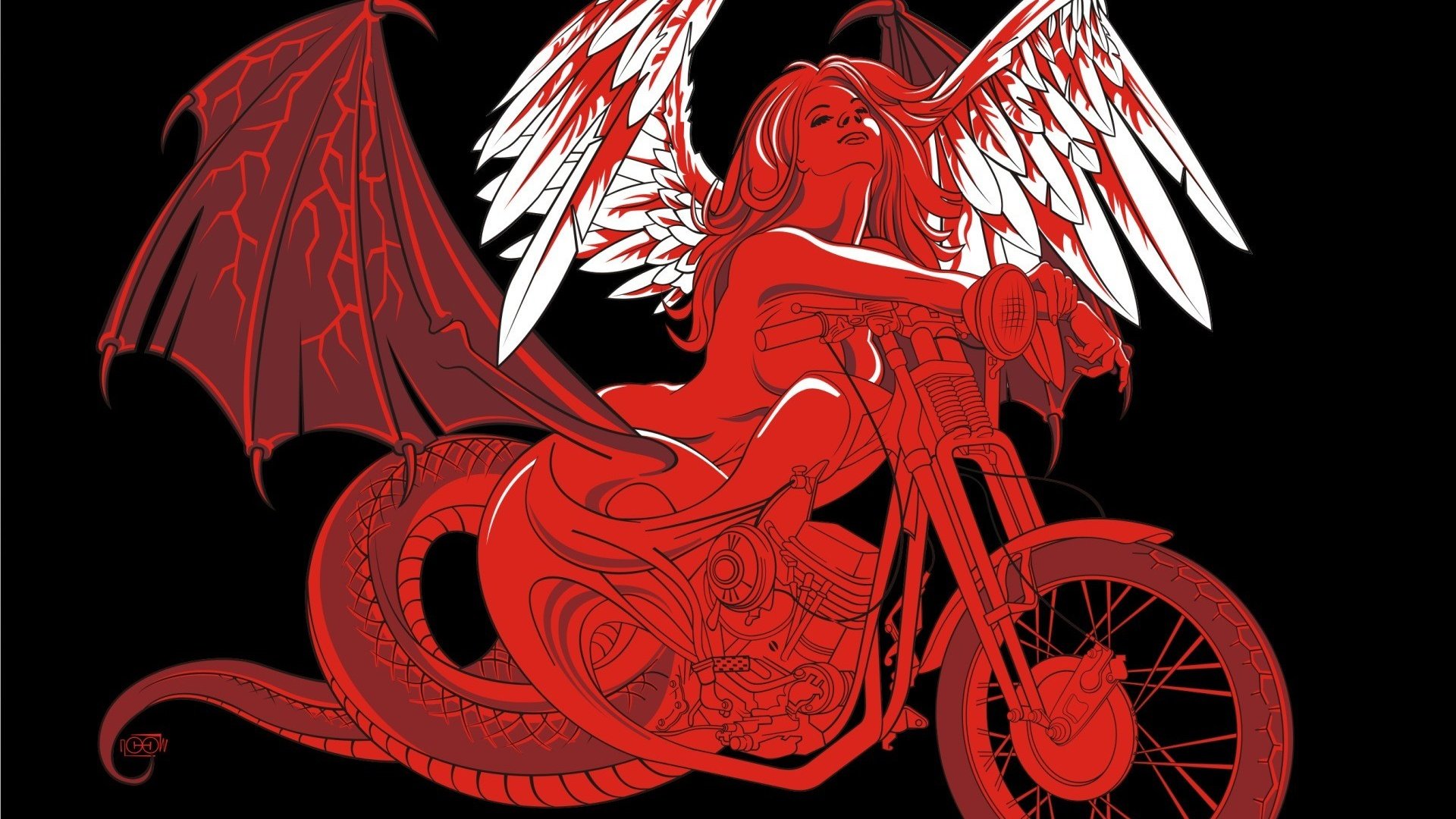 Обои девушка, вектор, крылья, мотоцикл, girl, vector, wings, motorcycle разрешение 1920x1440 Загрузить