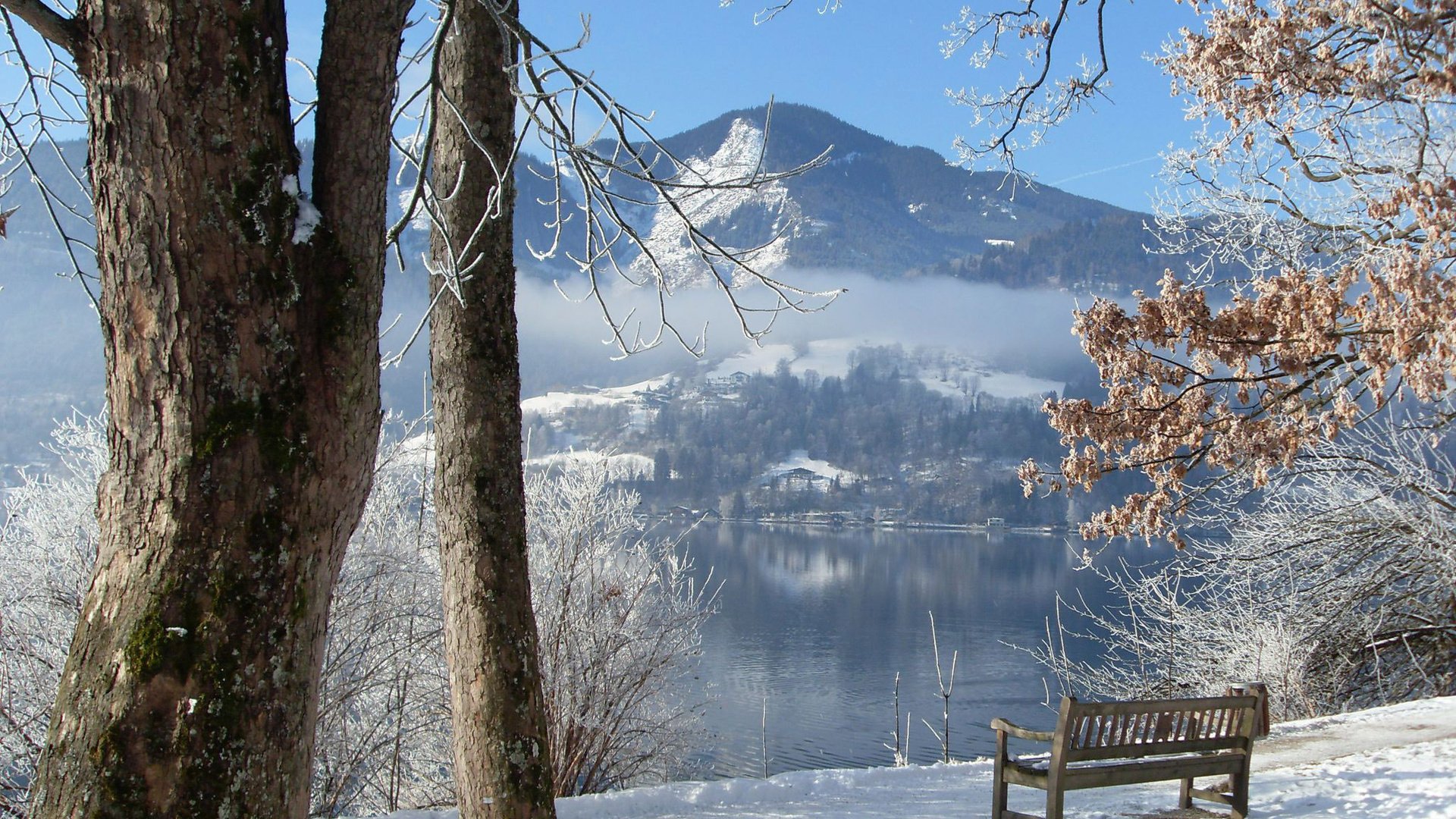 Обои озеро, горы, зима, скамья, lake, mountains, winter, bench разрешение 2048x1536 Загрузить