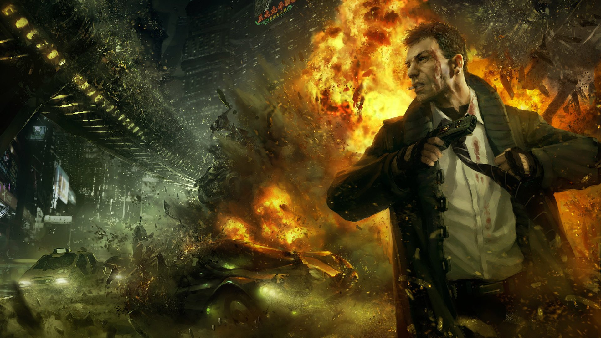 Обои машина, город, пистолет, мужчина, взрыв, marek okon, ночной, machine, the city, gun, male, the explosion, night разрешение 1920x1200 Загрузить