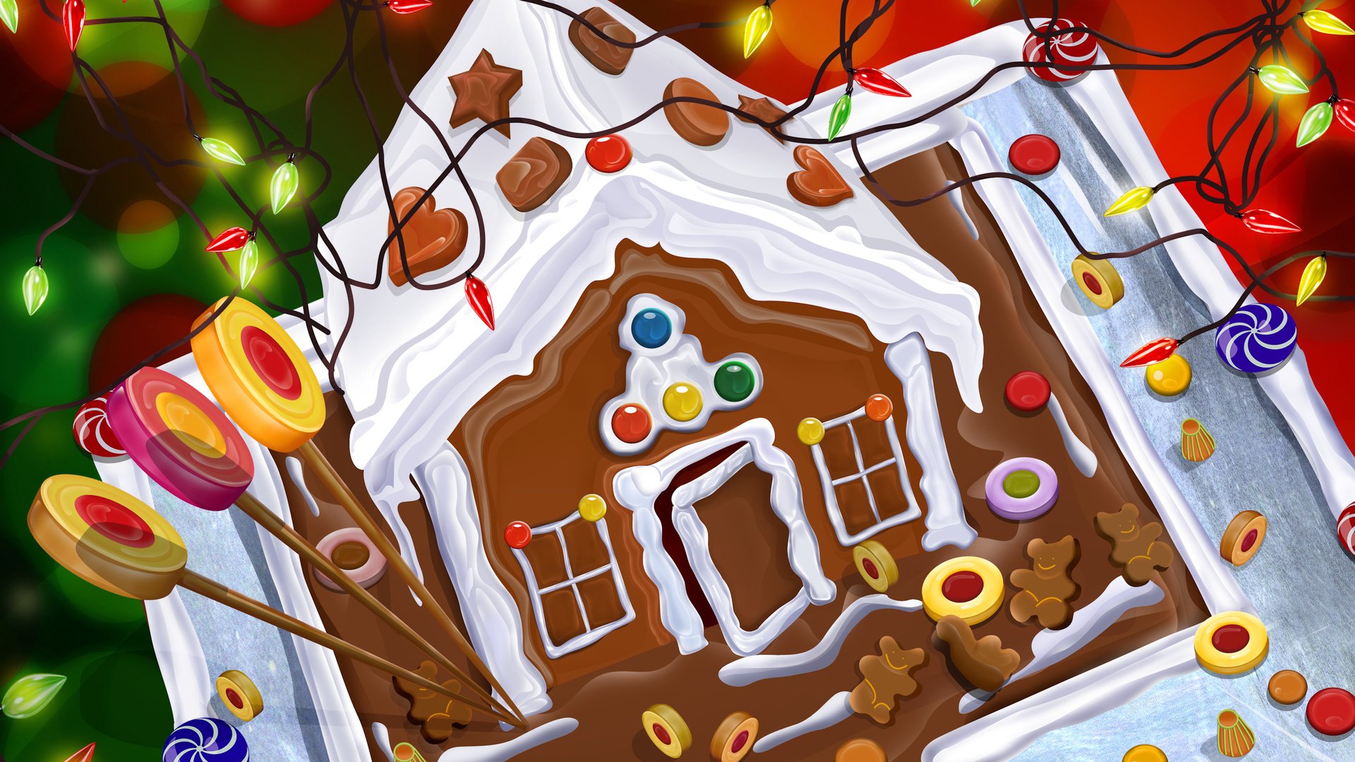 Обои новый год, сладости, домик, гирлянда, торт, new year, sweets, house, garland, cake разрешение 2560x1670 Загрузить