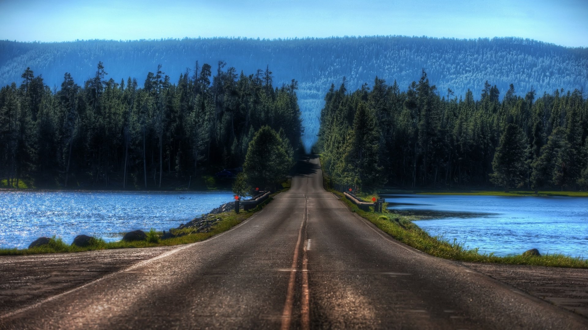 Обои дорога, озеро, лес, переправа, блюр, road, lake, forest, crossing, blur разрешение 2560x1600 Загрузить