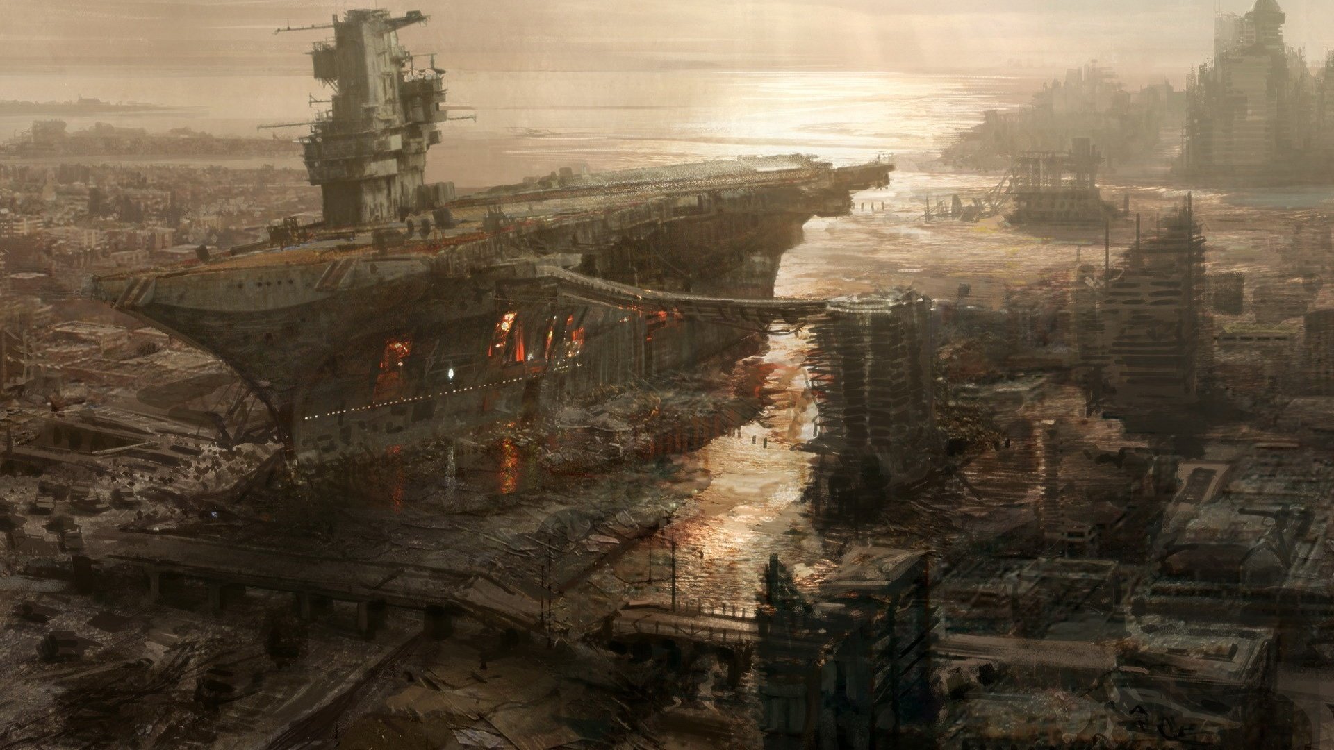 Обои рисунок, корабль, город, авианосец, разрушение, fallout 3, figure, ship, the city, the carrier, destruction разрешение 1920x1200 Загрузить