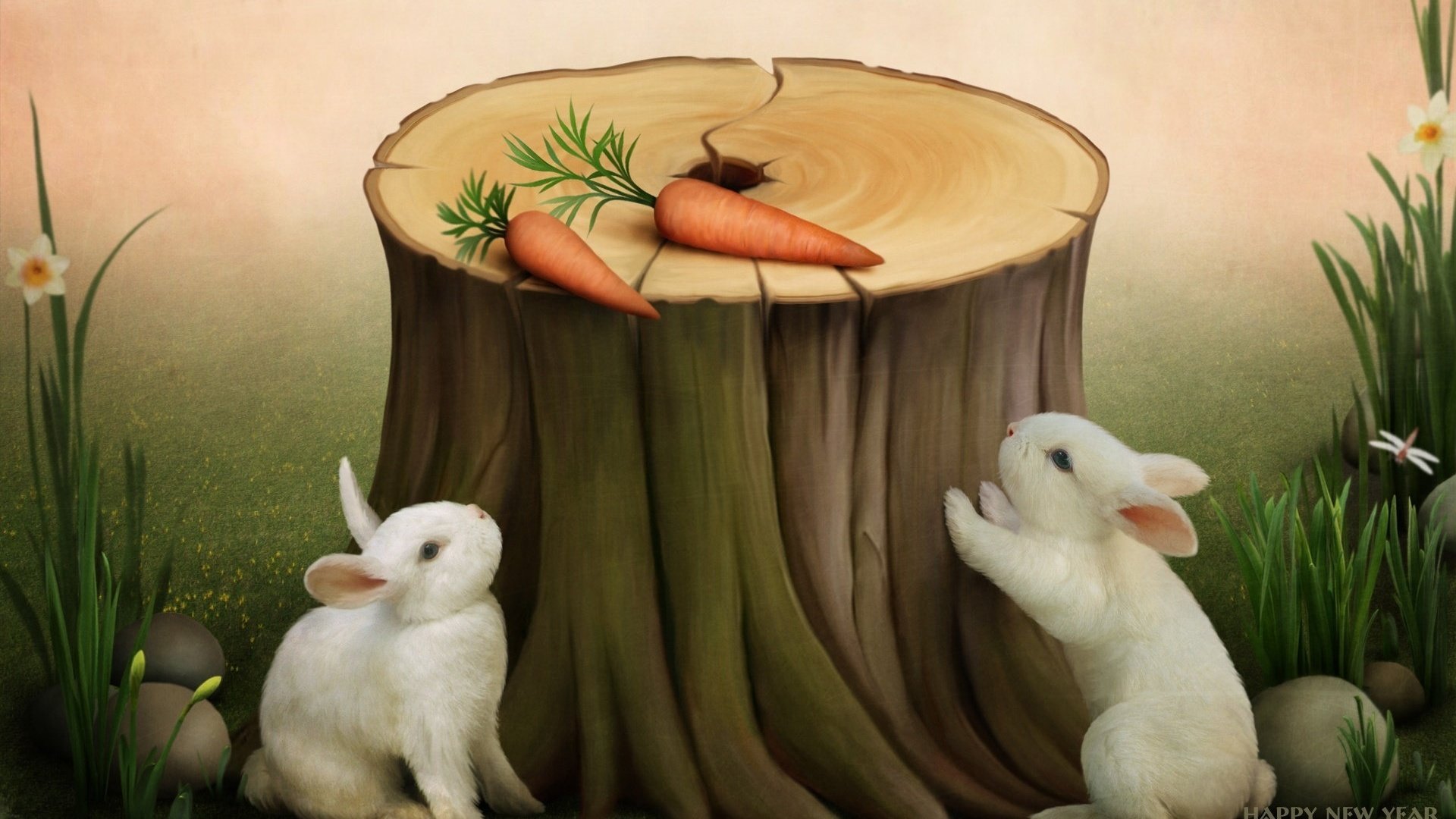 Обои кролик, праздник, пенек, открытка, поздравления, символ года, морковка, с новым годом, rabbit, holiday, stump, postcard, congratulations, symbol of the year, carrot, happy new year разрешение 1920x1200 Загрузить