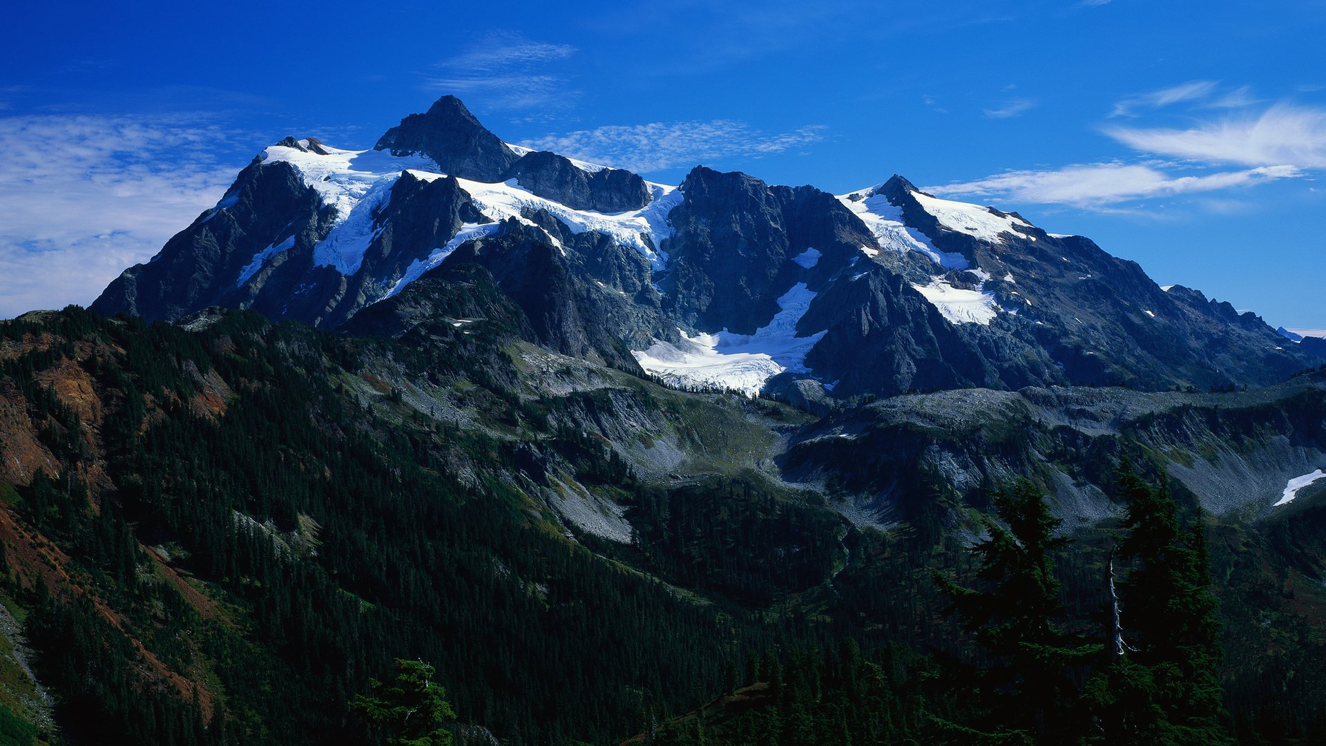 Обои небо, горы, снег, лес, панорама, the sky, mountains, snow, forest, panorama разрешение 3750x1200 Загрузить