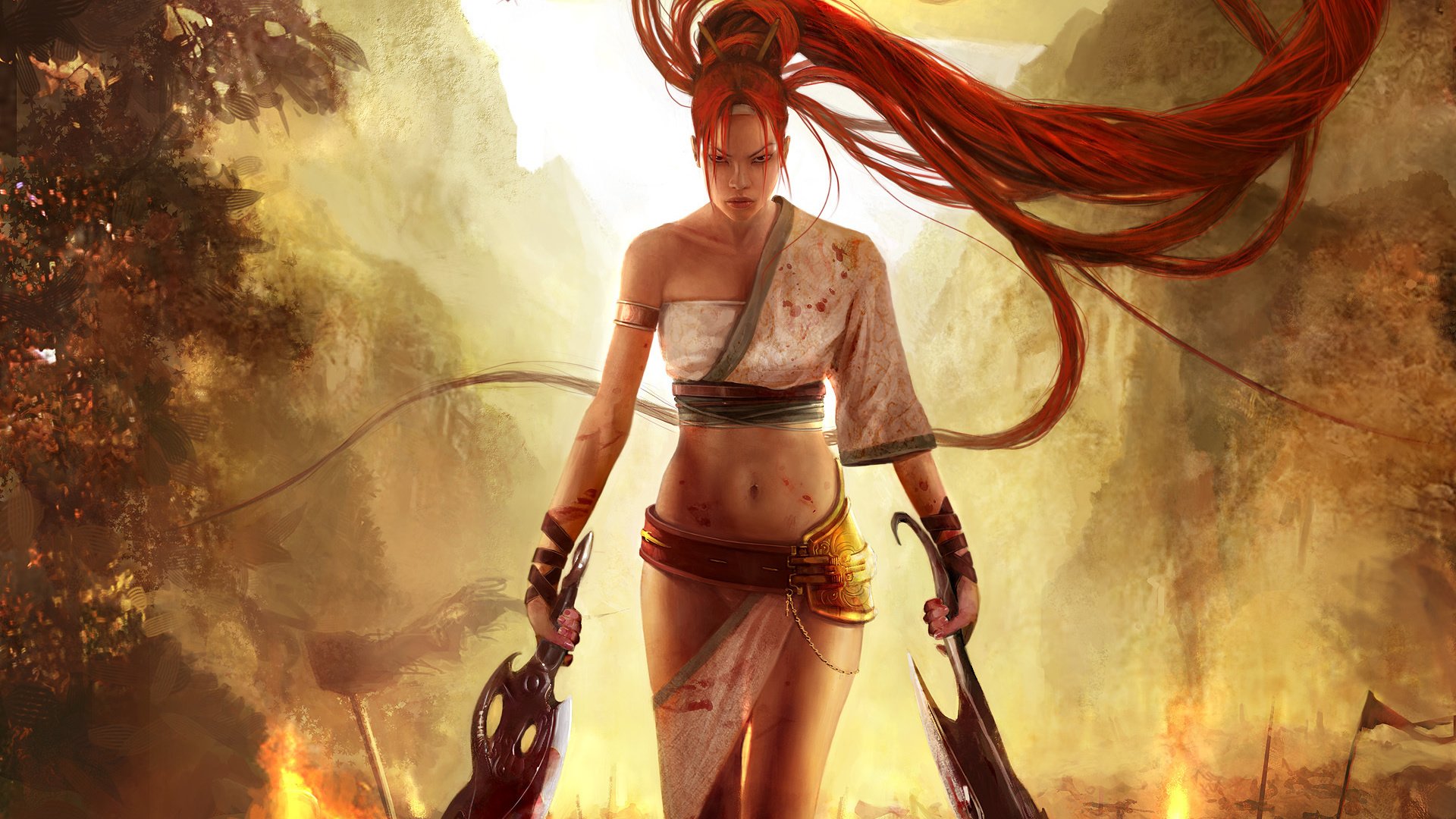 Обои горы, девушка, воин, огонь, nariko, небесный меч, mountains, girl, warrior, fire, heavenly sword разрешение 1920x1200 Загрузить