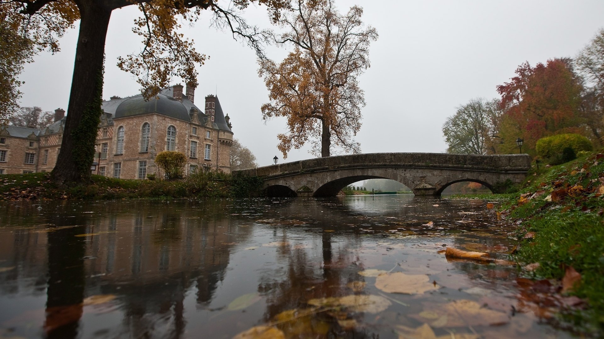 Обои вода, листья, мост, осень, дом, дождь, пруд, water, leaves, bridge, autumn, house, rain, pond разрешение 1920x1200 Загрузить