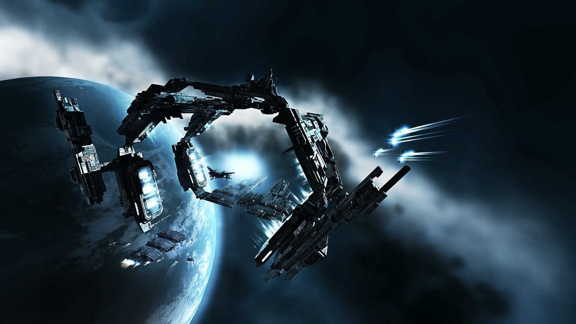 Обои корабли, планета, туманность, eve-online, ships, planet, nebula разрешение 1920x1200 Загрузить