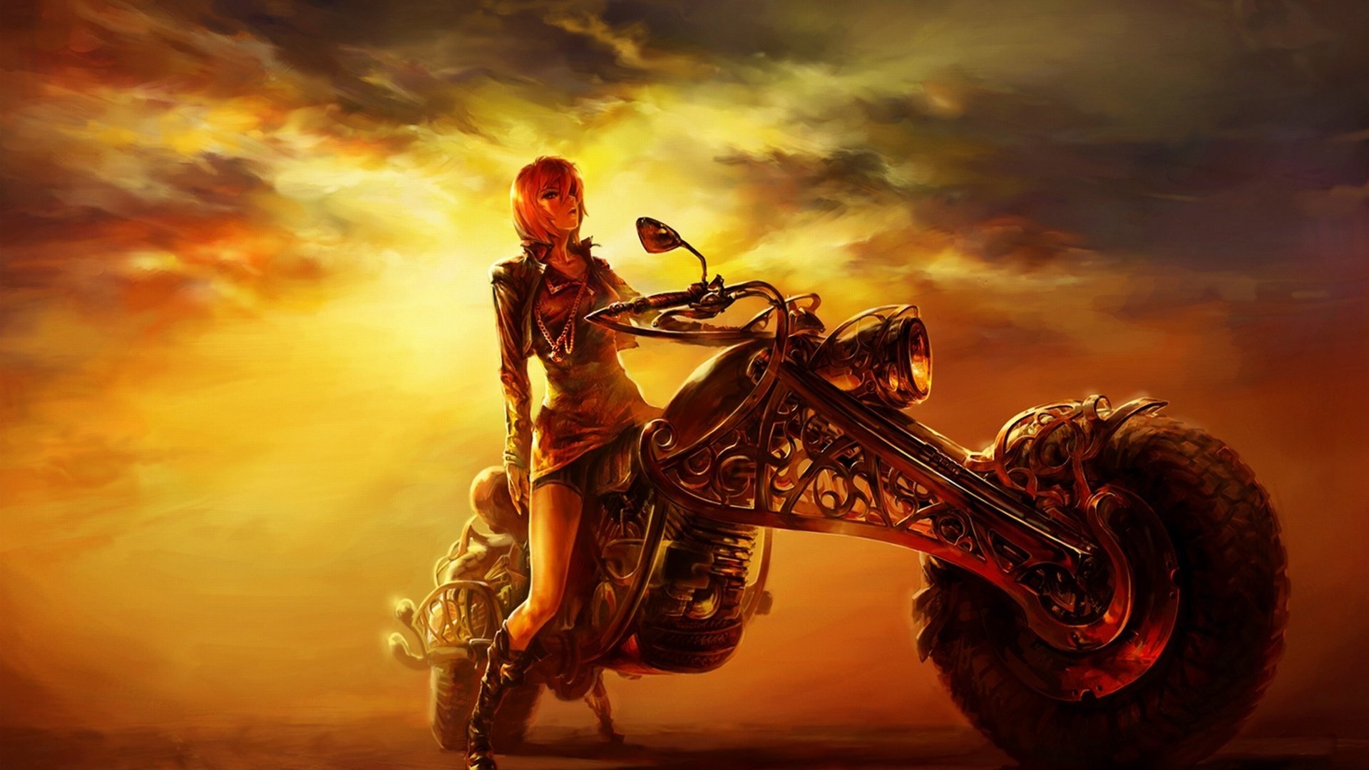 Обои дорога, рисунок, вечер, закат, девушка, мотоцикл, road, figure, the evening, sunset, girl, motorcycle разрешение 1920x1200 Загрузить