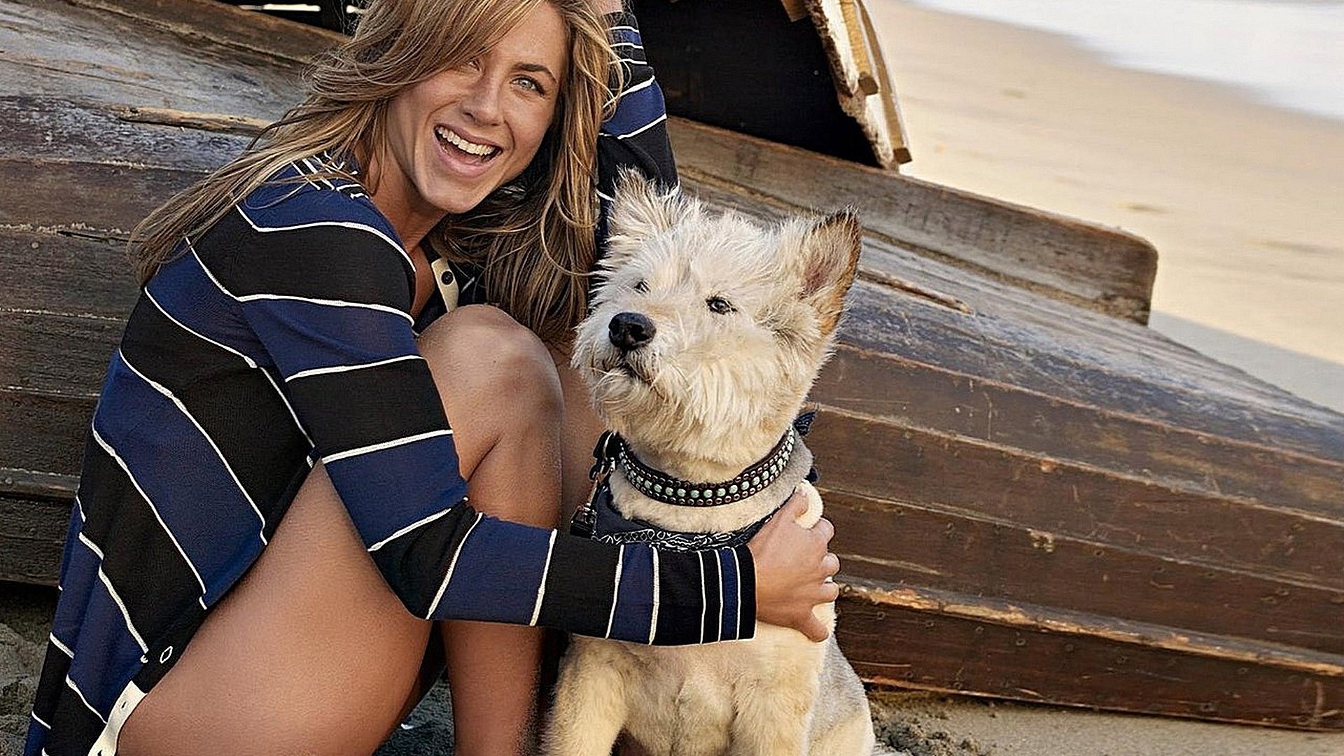 Обои улыбка, пляж, собака, лодка, смех, дженифер энистон, smile, beach, dog, boat, laughter, jennifer aniston разрешение 1920x1200 Загрузить