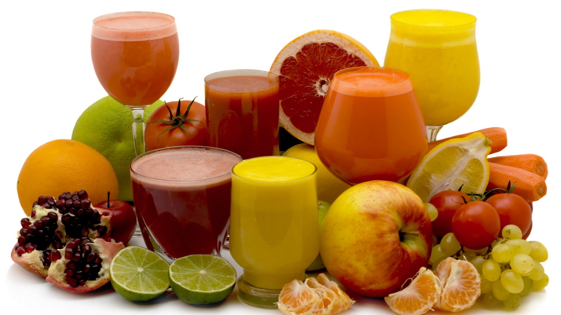 Обои лимон, апельсин, яблоко, морковь, помидор, гранат, соки, lemon, orange, apple, carrots, tomato, garnet, juices разрешение 1920x1200 Загрузить