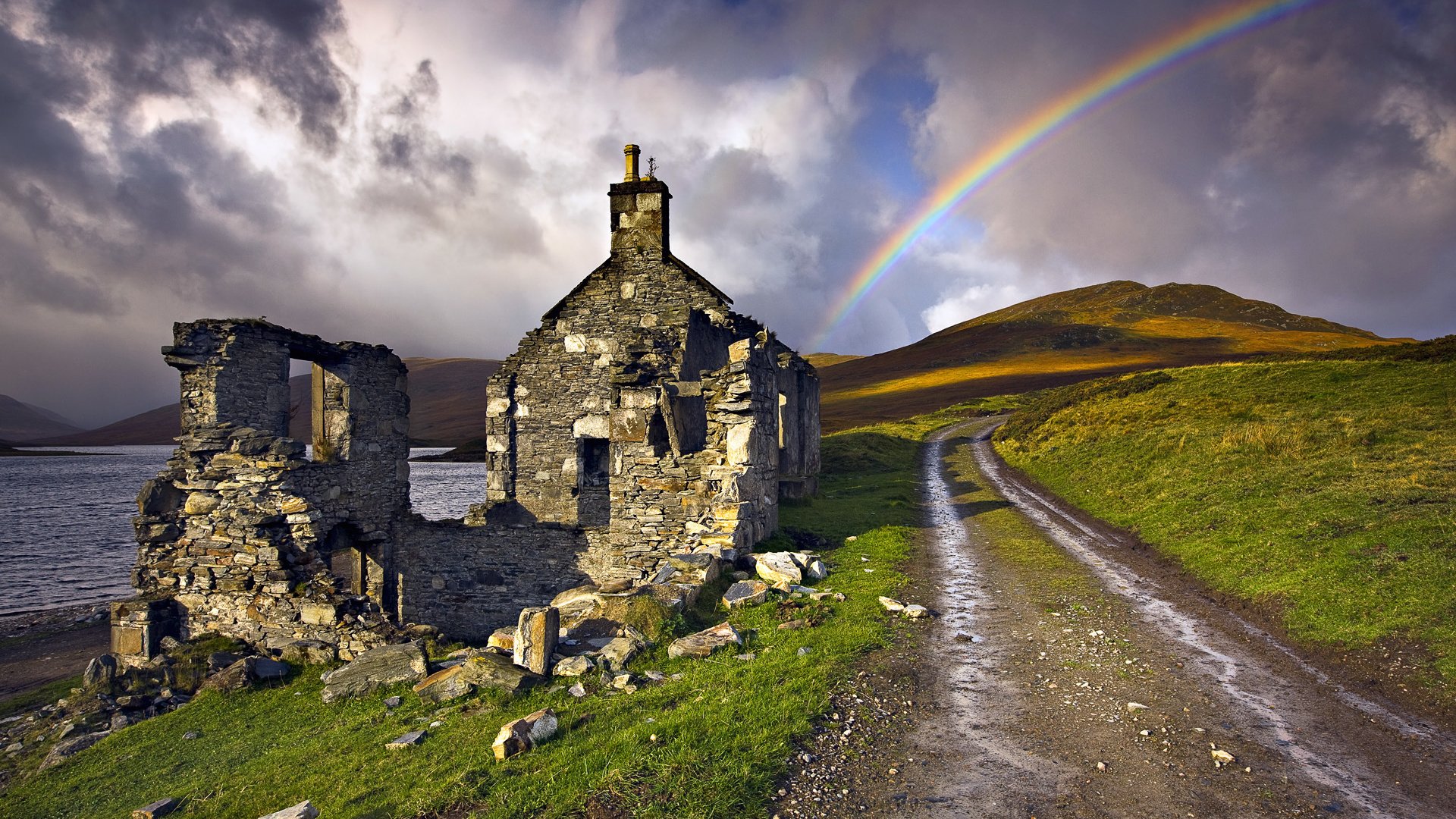 Обои дорога, природа, радуга, руины, шотландия, road, nature, rainbow, ruins, scotland разрешение 1920x1200 Загрузить