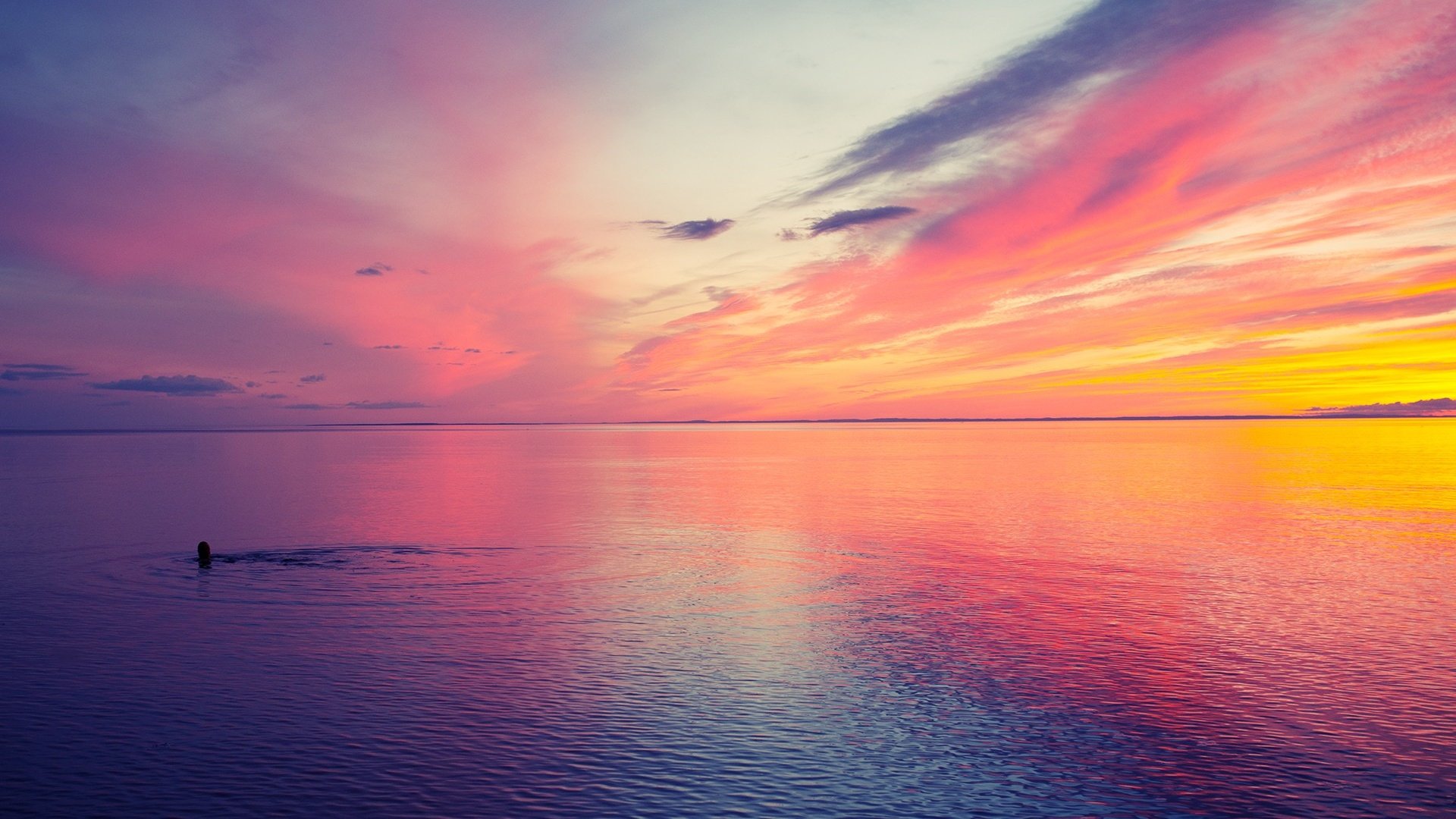 Обои небо, море, туман, рассвет, пловец, купание в море, the sky, sea, fog, dawn, swimmer, swimming in the sea разрешение 1920x1200 Загрузить