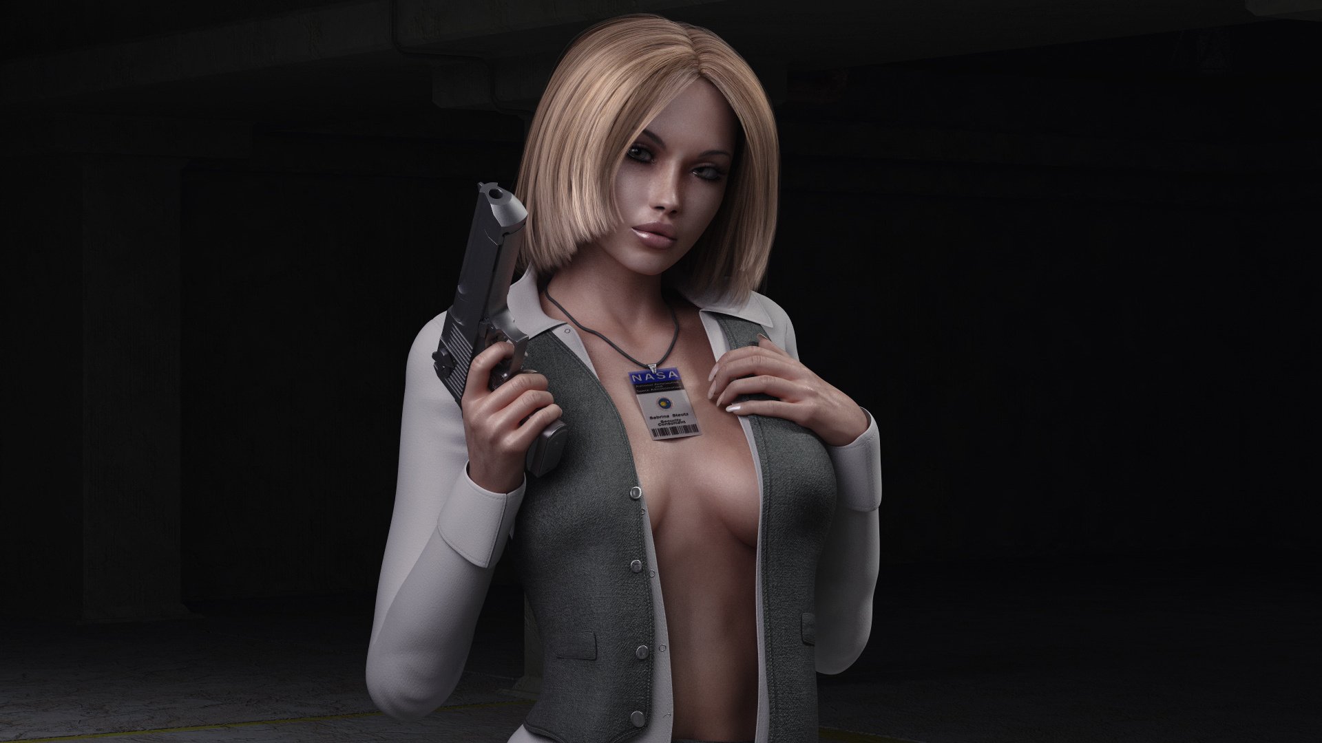 Обои девушка, оружие, пистолет, рендеринг, грудь, nasa, пропуск, girl, weapons, gun, rendering, chest, pass разрешение 1920x1200 Загрузить