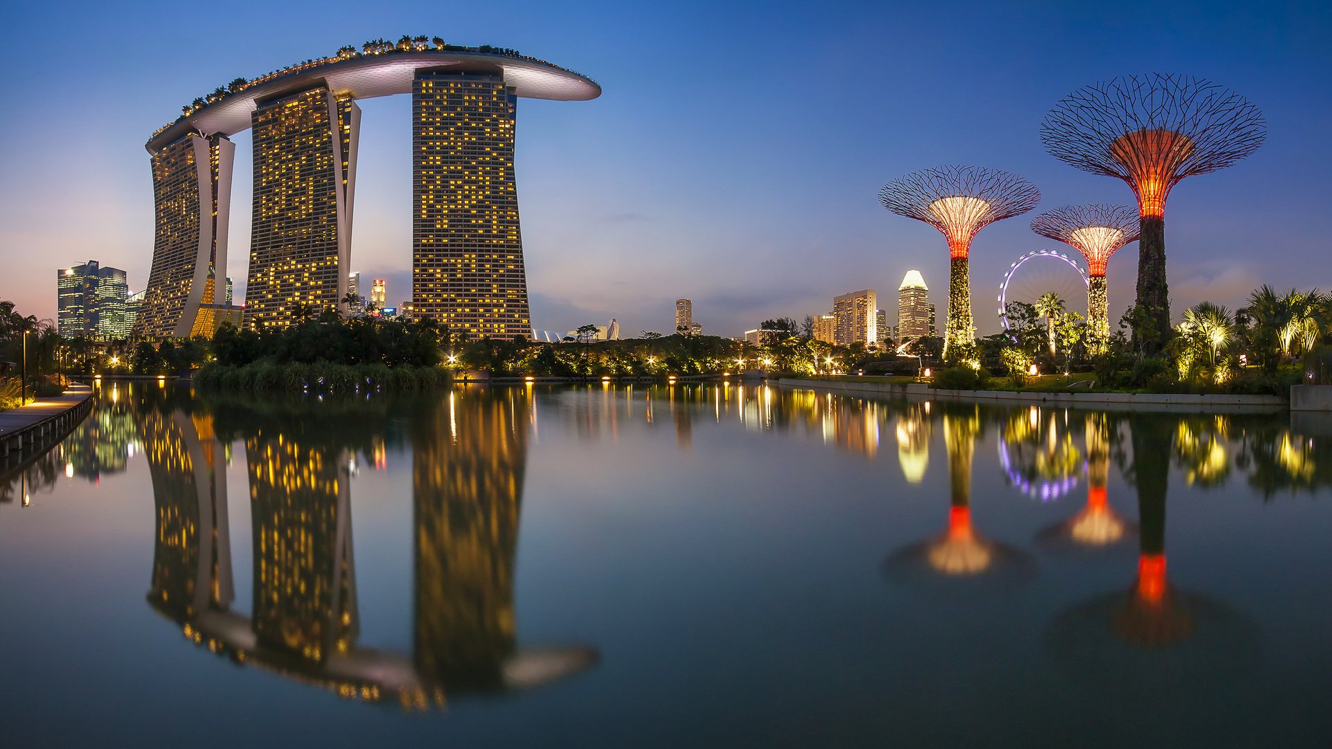 Обои ночь, огни, отражение, море, город, здания, сингапур, night, lights, reflection, sea, the city, building, singapore разрешение 1920x1200 Загрузить