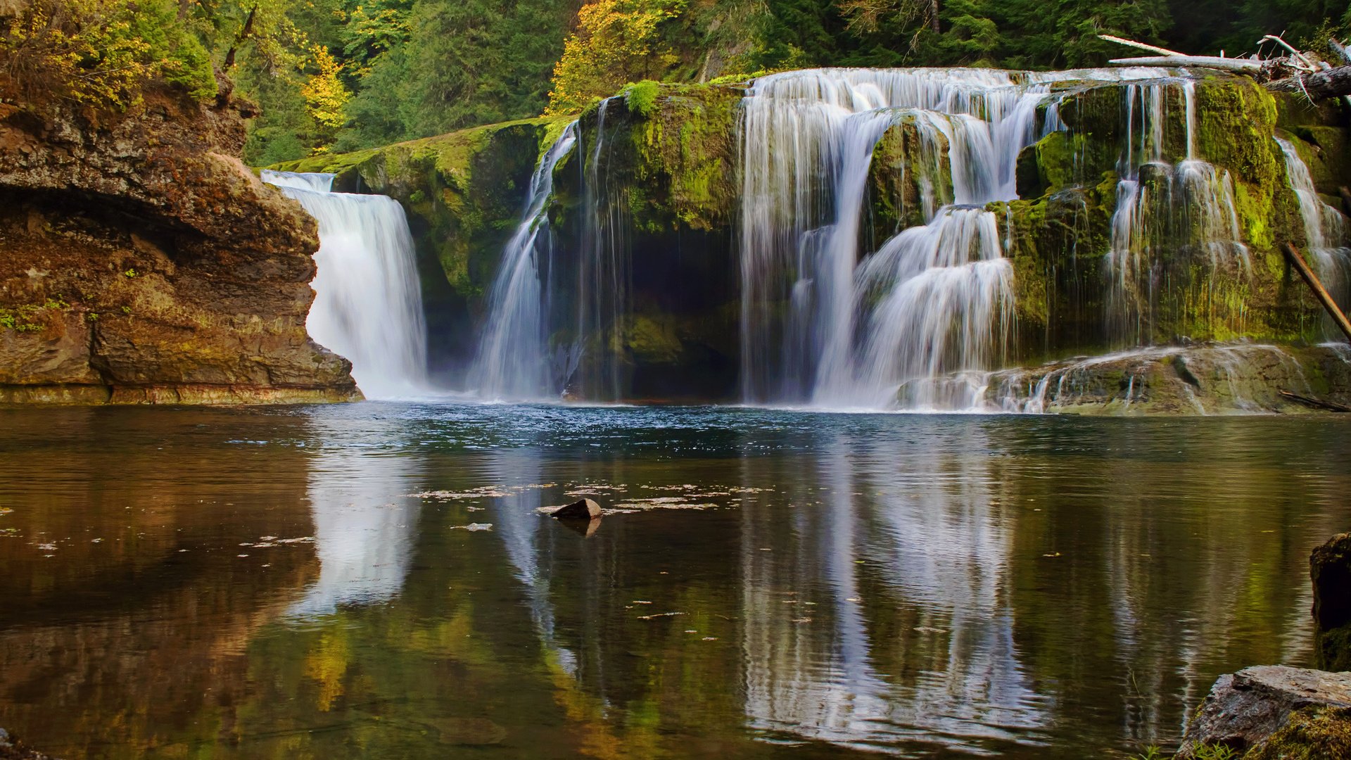 Обои озеро, лес, водопад, осень, каскад, lake, forest, waterfall, autumn, cascade разрешение 1920x1200 Загрузить