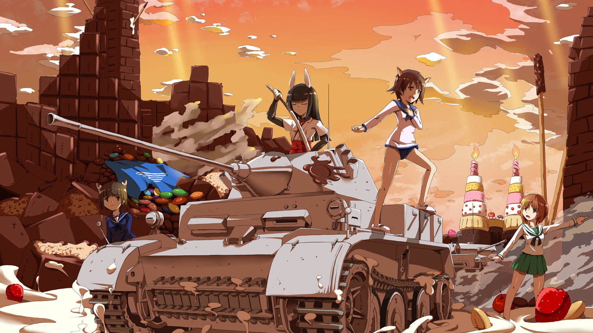 Скачать обои аниме, девочки и танки, sirills, anime, girls and tanks  разрешение 1920x1080 #69302