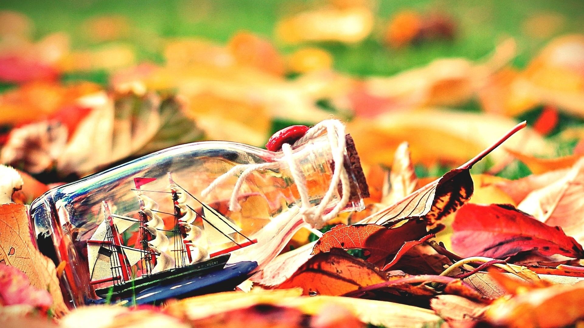 Обои листья, настроение, осень, бутылка, кораблик, leaves, mood, autumn, bottle, boat разрешение 1920x1200 Загрузить