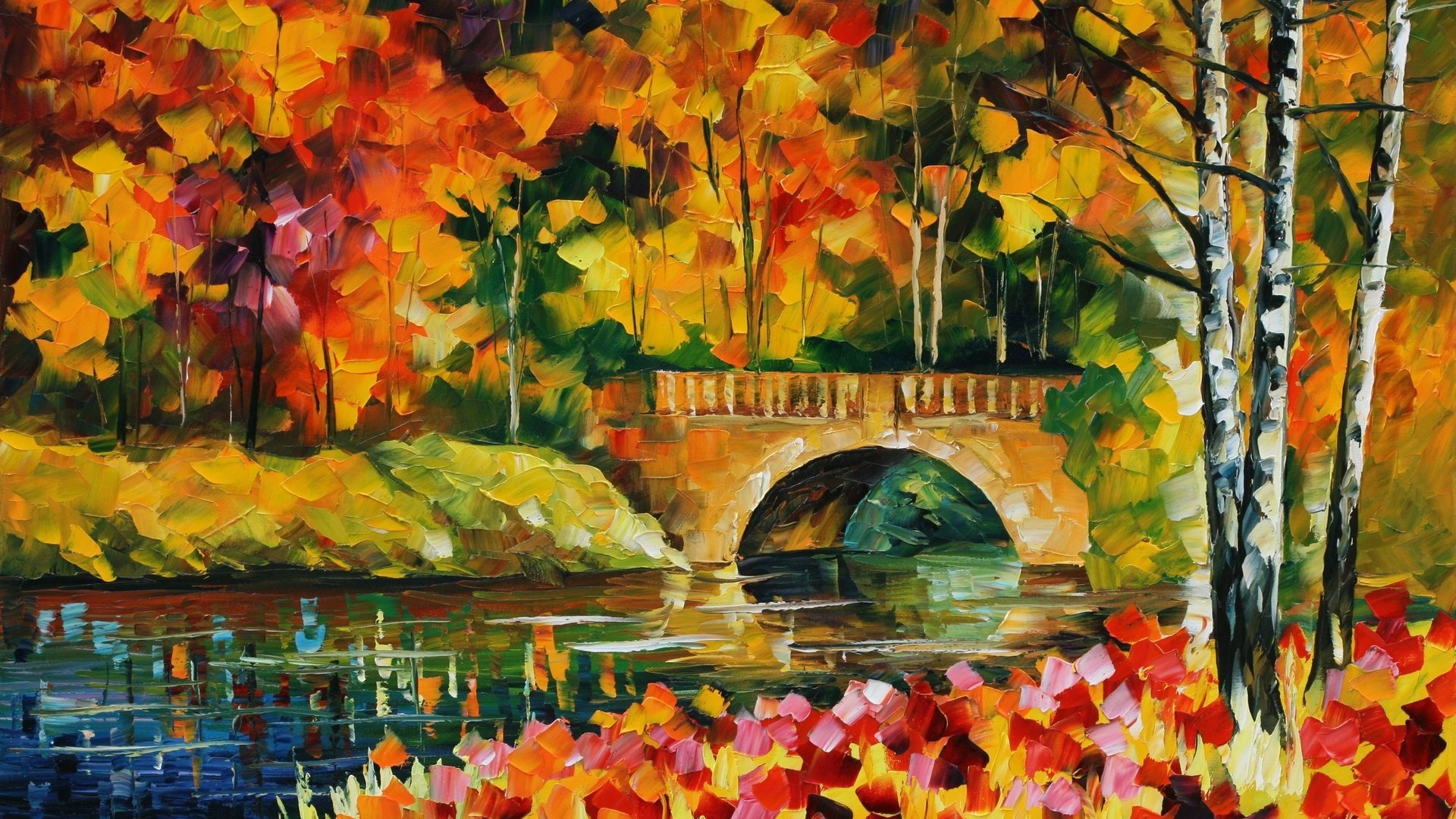 Обои деревья, вода, листья, мост, речка, живопись, trees, water, leaves, bridge, river, painting разрешение 2560x1600 Загрузить