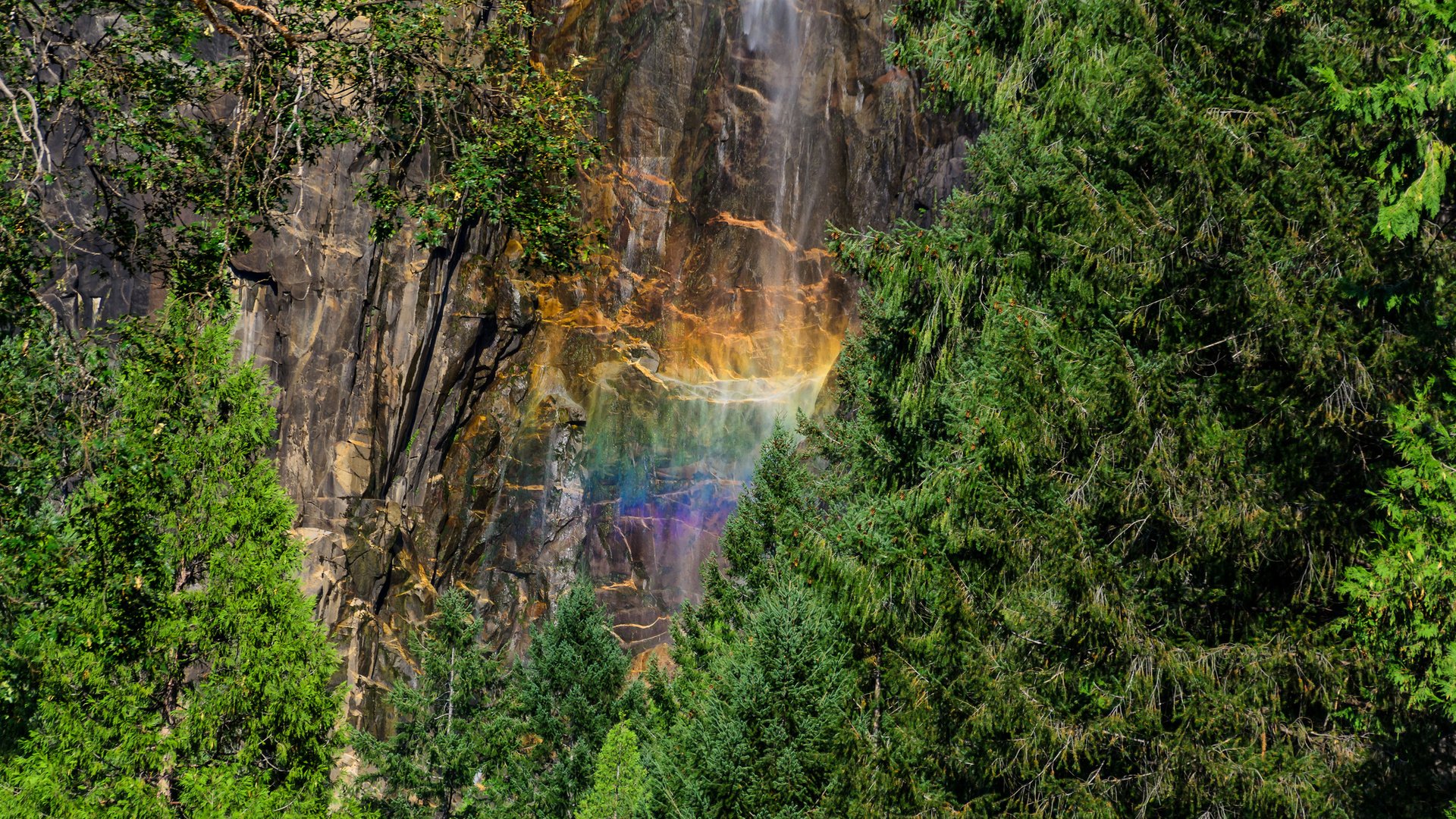 Обои лес, скала, водопад, радуга, йосемитский национальный парк, forest, rock, waterfall, rainbow, yosemite national park разрешение 2048x1152 Загрузить