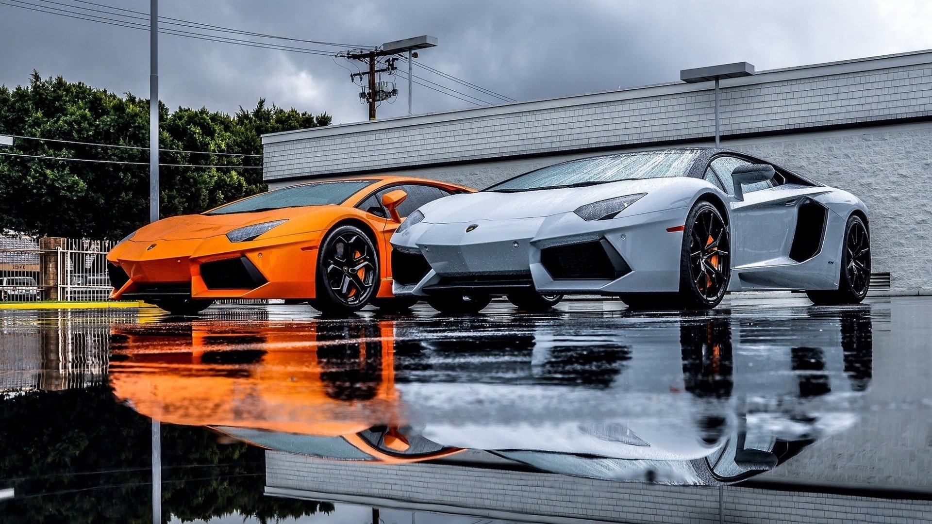 Обои серый, дождь, оранжевый, ламборгини, суперкар, авентадор, grey, rain, orange, lamborghini, supercar, aventador разрешение 2560x1600 Загрузить