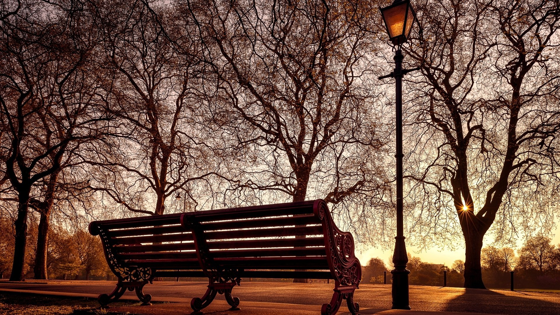 Обои деревья, парк, фонарь, скамейка, trees, park, lantern, bench разрешение 2048x1296 Загрузить