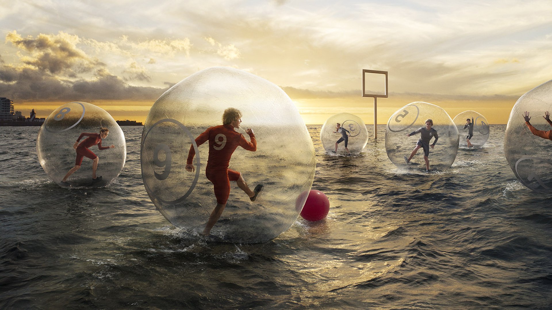 Обои вода, футбол, море, ворота, креатив, игра, мяч, water, football, sea, gate, creative, the game, the ball разрешение 1920x1200 Загрузить