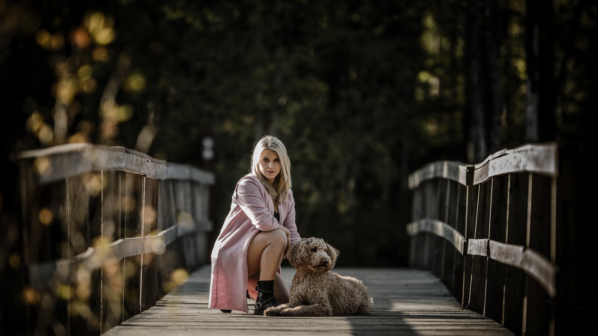 Обои девушка, настроение, блондинка, мост, собака, girl, mood, blonde, bridge, dog разрешение 4497x2821 Загрузить