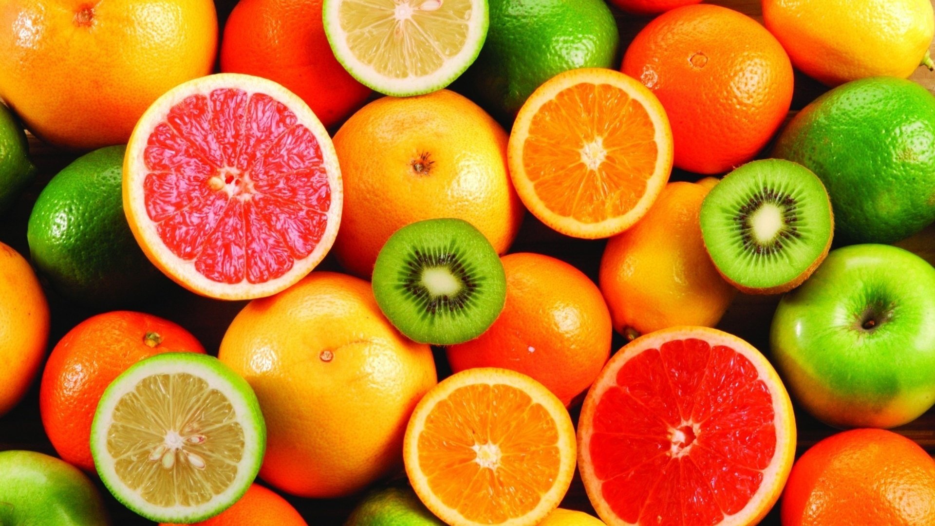 Обои фрукты, лимон, апельсин, яблоко, лайм, цитрус, киви, грейпфрут, fruit, lemon, orange, apple, lime, citrus, kiwi, grapefruit разрешение 1920x1200 Загрузить
