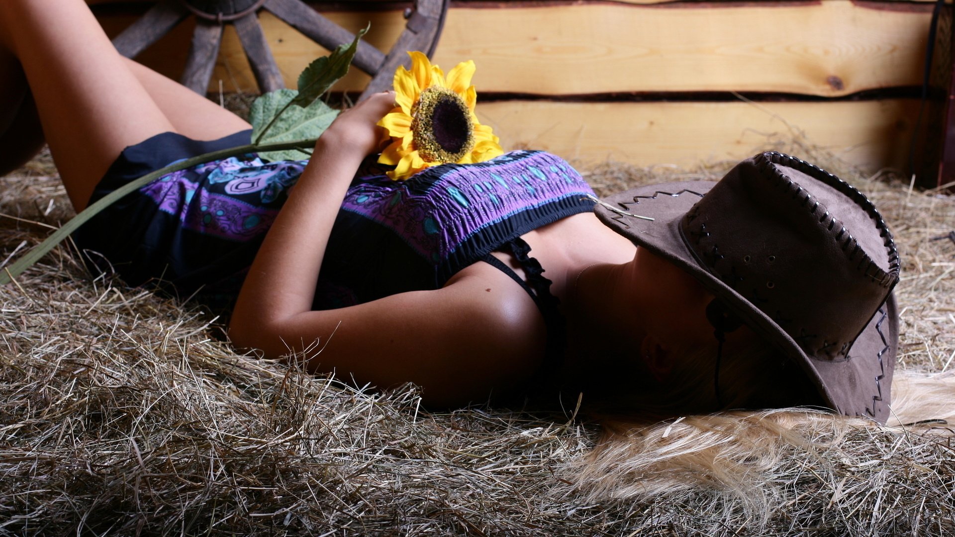 Обои девушка, платье, цветок, сено, лежит, подсолнух, шляпа, girl, dress, flower, hay, lies, sunflower, hat разрешение 2560x1600 Загрузить