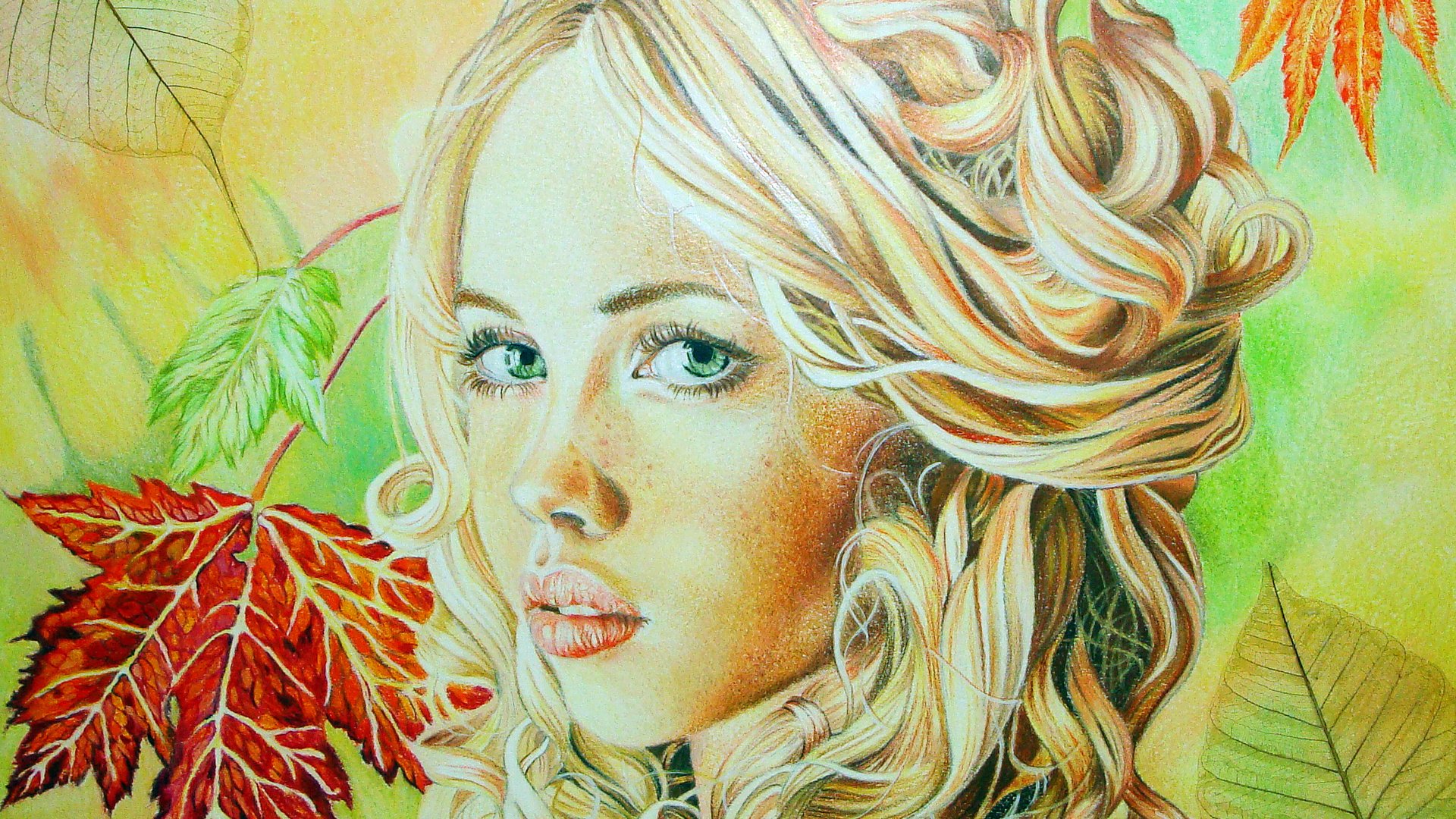 Обои листья, зеленые глаза, девушка, живопись, блондинка, christina papagianni, взгляд, осень, кудри, губы, лицо, leaves, green eyes, girl, painting, blonde, look, autumn, curls, lips, face разрешение 2304x1604 Загрузить