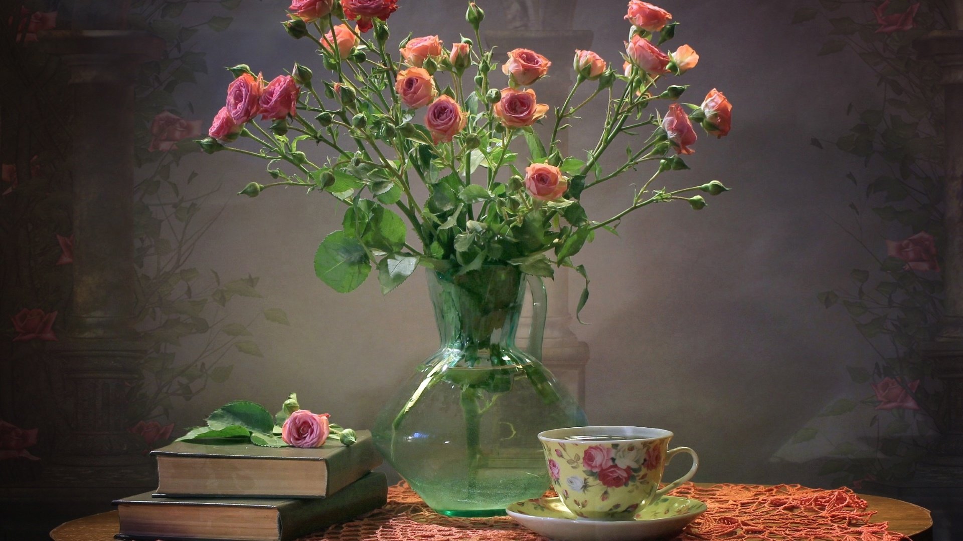 Обои текстура, розы, книги, букет, чашка, чай, texture, roses, books, bouquet, cup, tea разрешение 1920x1260 Загрузить