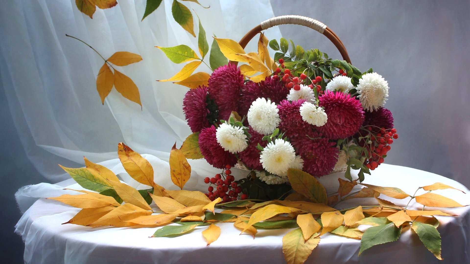 Обои листья, осень, букет, корзина, рябина, астры, leaves, autumn, bouquet, basket, rowan, asters разрешение 1920x1221 Загрузить