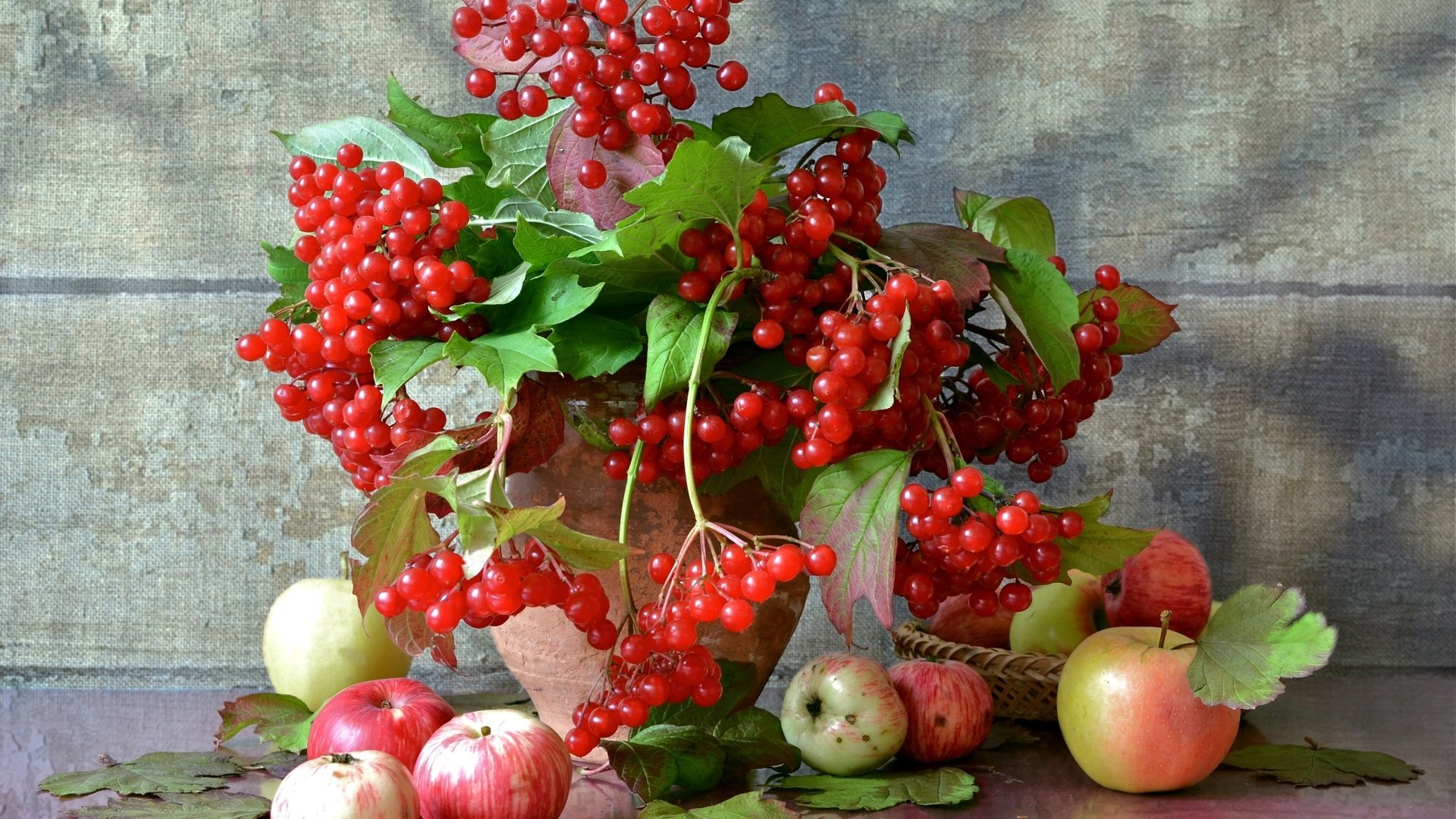 Обои фрукты, яблоки, осень, ягоды, натюрморт, калина, fruit, apples, autumn, berries, still life, kalina разрешение 2100x1425 Загрузить
