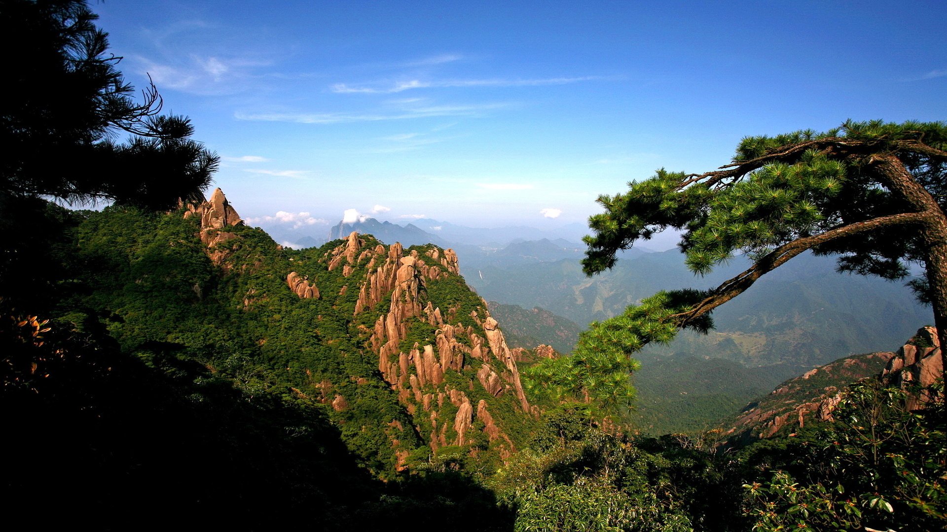 Обои небо, деревья, горы, скалы, ущелье, the sky, trees, mountains, rocks, gorge разрешение 2340x1400 Загрузить