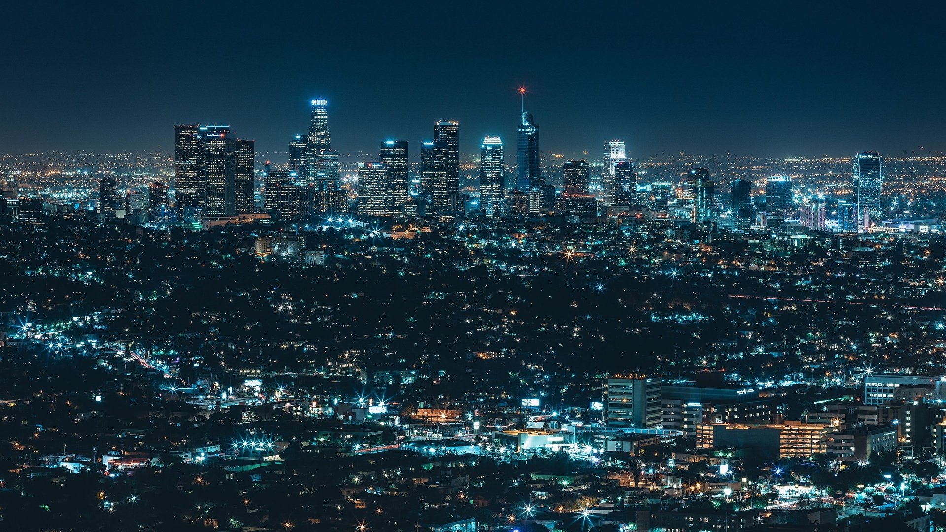 Обои ночь, город, небоскребы, сша, калифорния, лос-анджелес, night, the city, skyscrapers, usa, ca, los angeles разрешение 2560x1440 Загрузить