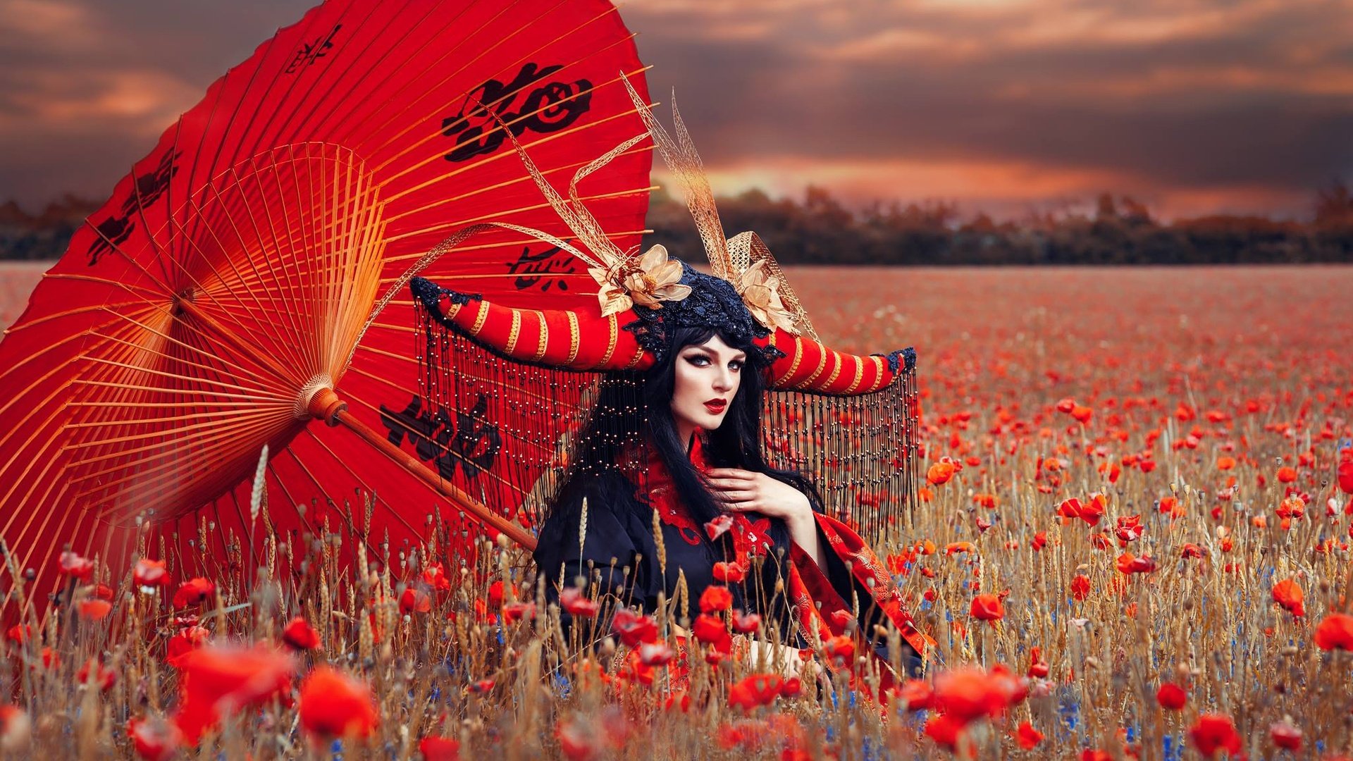 Обои девушка, поле, маки, зонт, наряд, макияж, girl, field, maki, umbrella, outfit, makeup разрешение 2048x1365 Загрузить