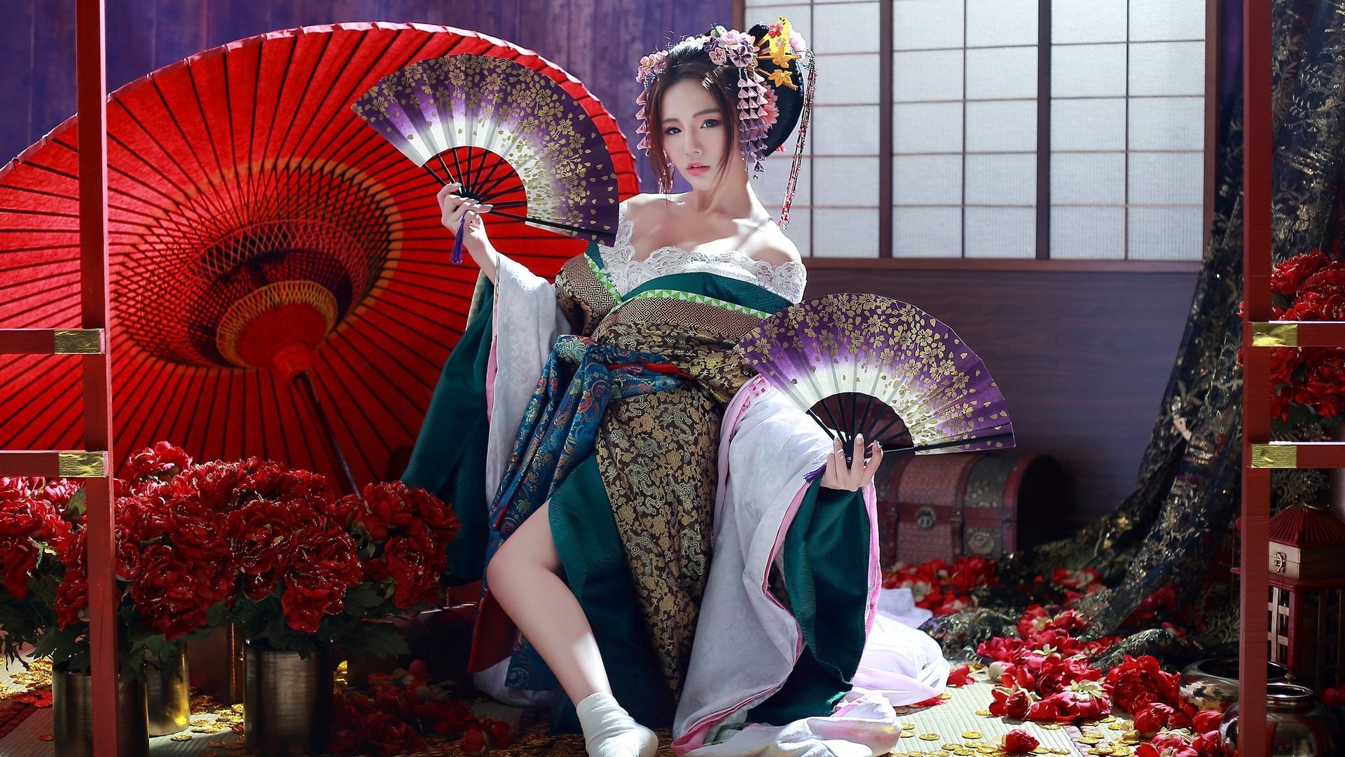 Обои цветы, девушка, зонт, кимоно, азиатка, гейша, веер, flowers, girl, umbrella, kimono, asian, geisha, fan разрешение 2048x1365 Загрузить