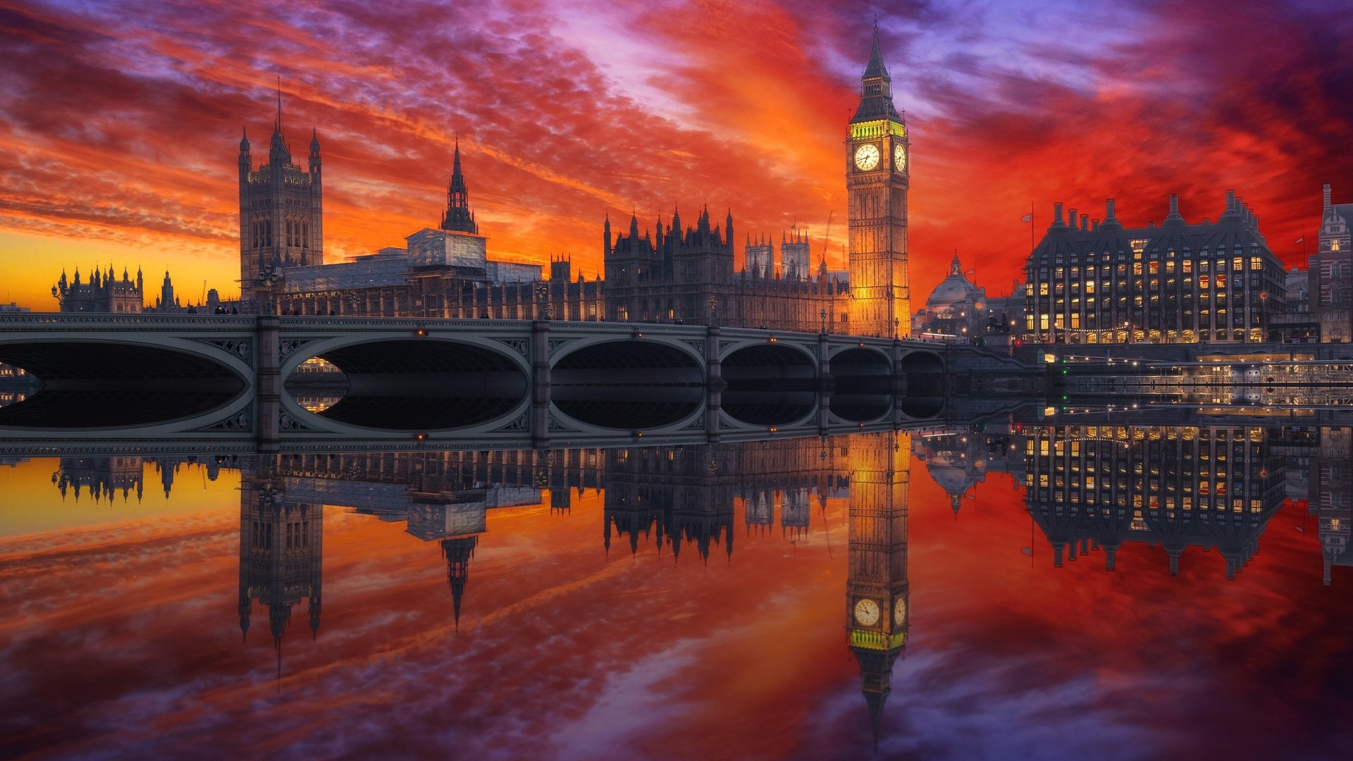 Обои закат, отражение, мост, лондон, англия, биг-бен, sunset, reflection, bridge, london, england, big ben разрешение 2048x1367 Загрузить