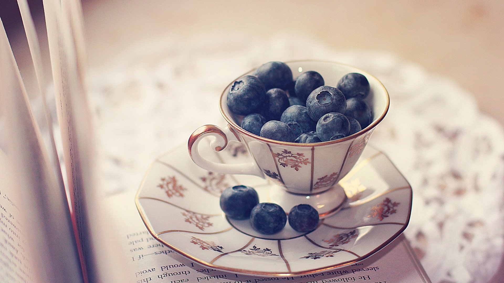 Обои блюдце, ягоды, чашка, черника, салфетка, книга, страницы, saucer, berries, cup, blueberries, napkin, book, page разрешение 2560x1600 Загрузить