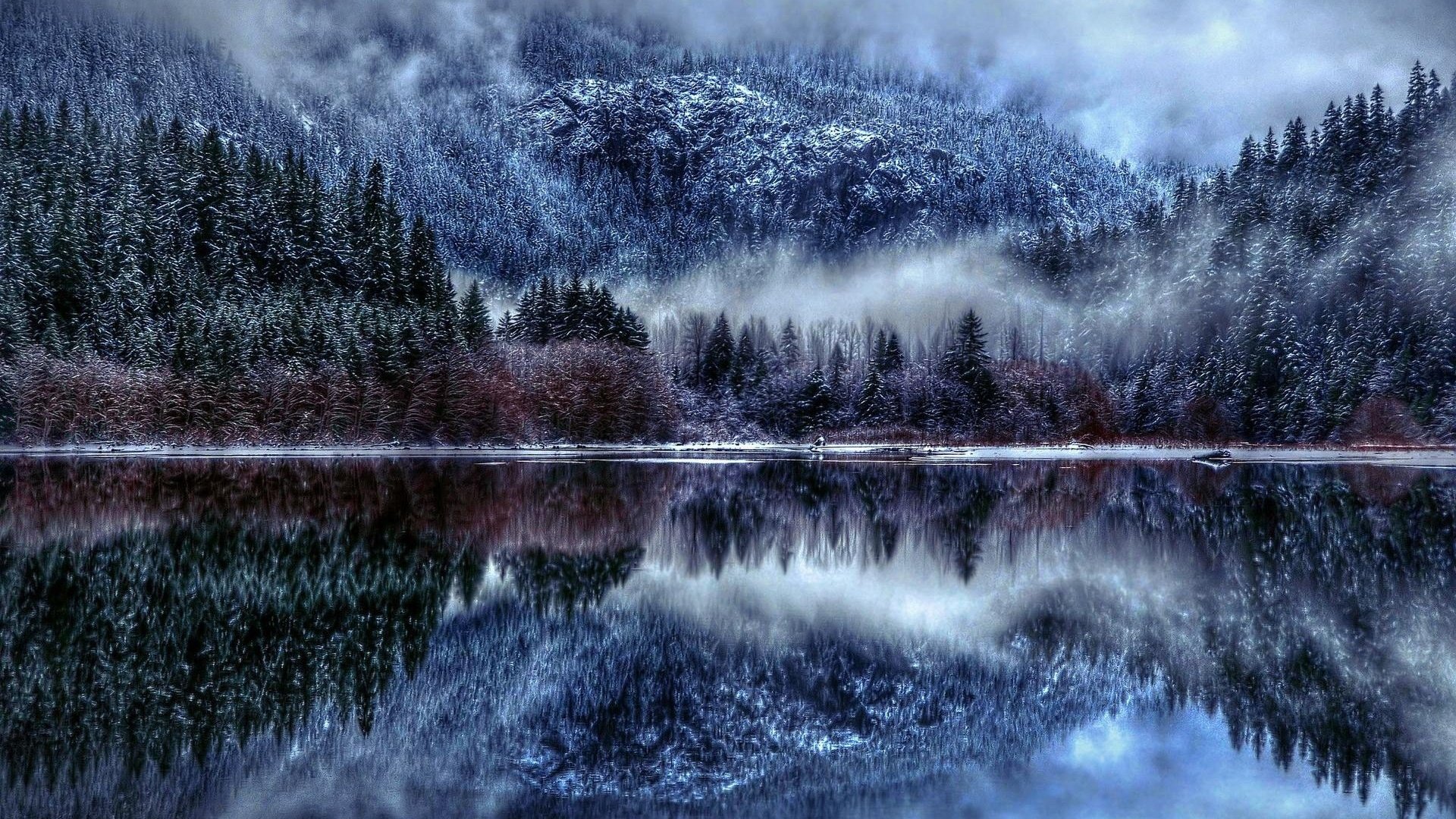 Обои деревья, озеро, горы, снег, отражение, туман, trees, lake, mountains, snow, reflection, fog разрешение 1920x1200 Загрузить