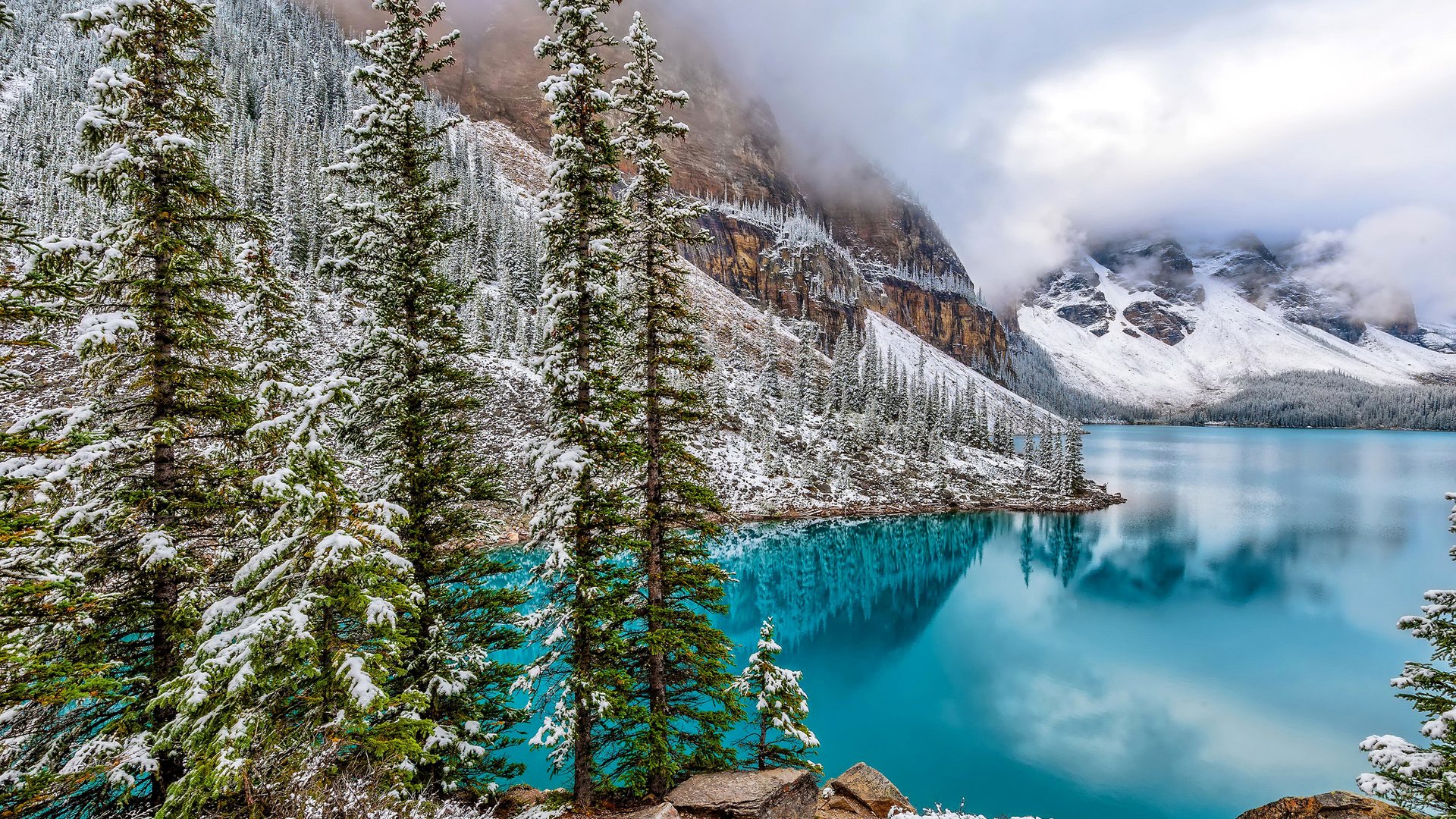 Обои озеро, горы, природа, лес, зима, пейзаж, канада, банф, lake, mountains, nature, forest, winter, landscape, canada, banff разрешение 2880x1800 Загрузить