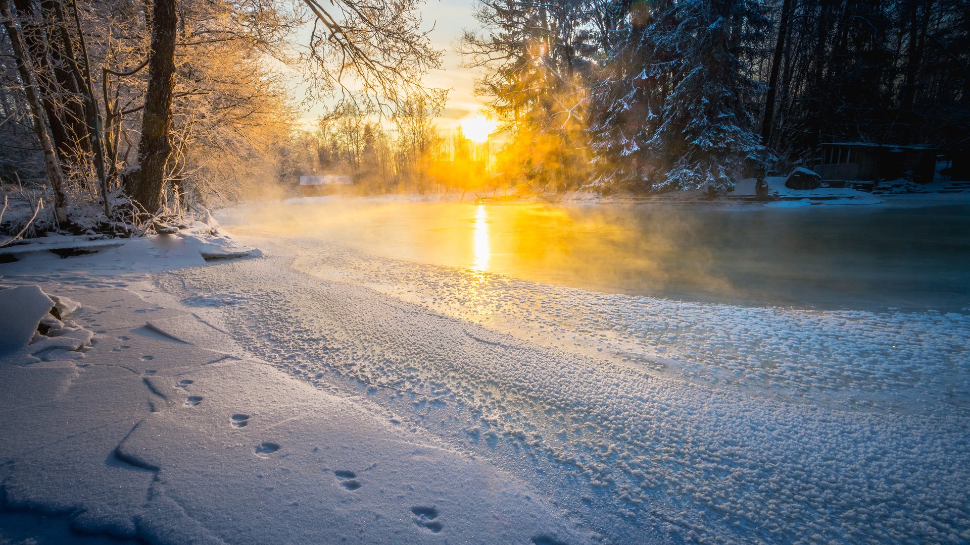 Обои река, снег, лес, закат, зима, river, snow, forest, sunset, winter разрешение 3840x2400 Загрузить