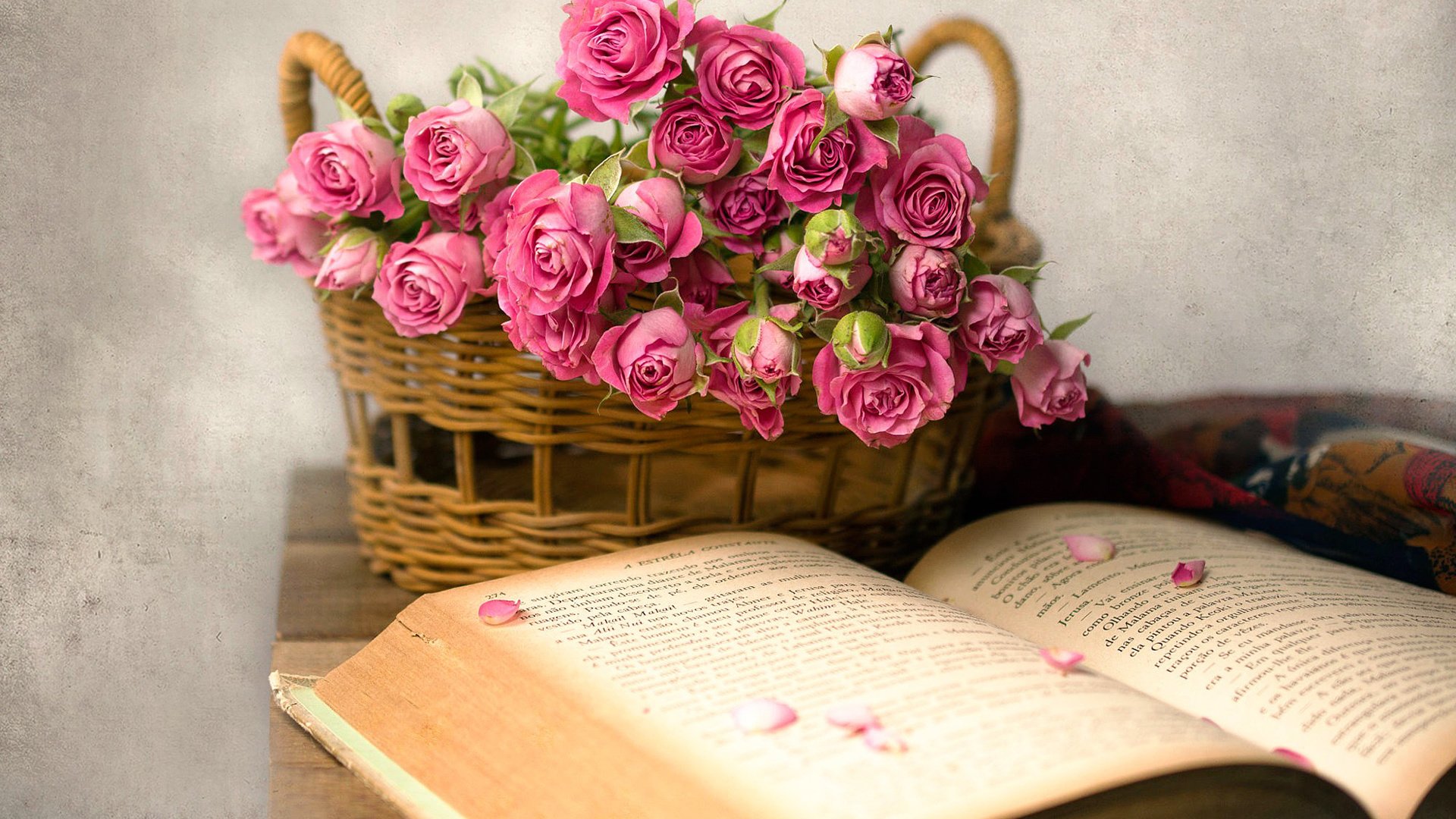 Обои цветы, розы, корзина, книга, flowers, roses, basket, book разрешение 1920x1200 Загрузить