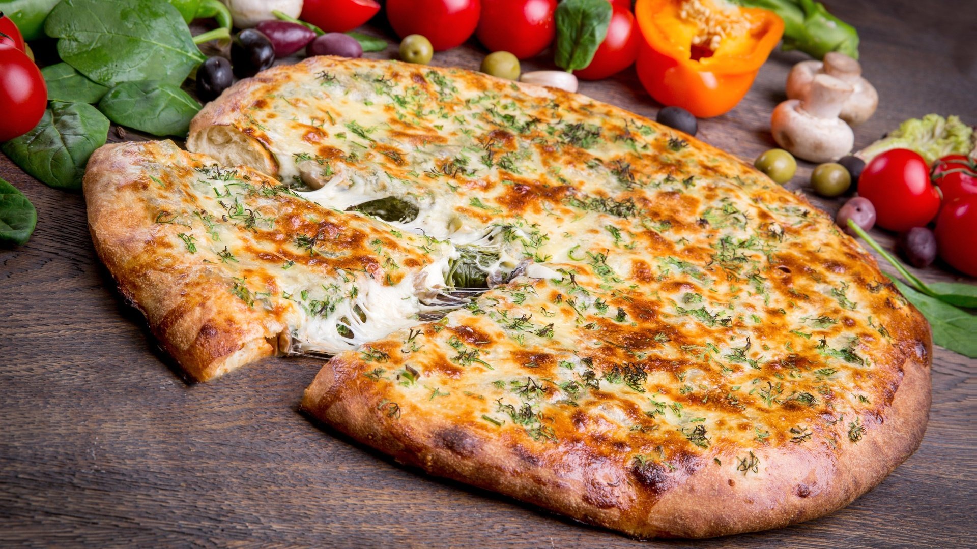 Обои грибы, сыр, овощи, помидор, пицца, mushrooms, cheese, vegetables, tomato, pizza разрешение 3000x1979 Загрузить