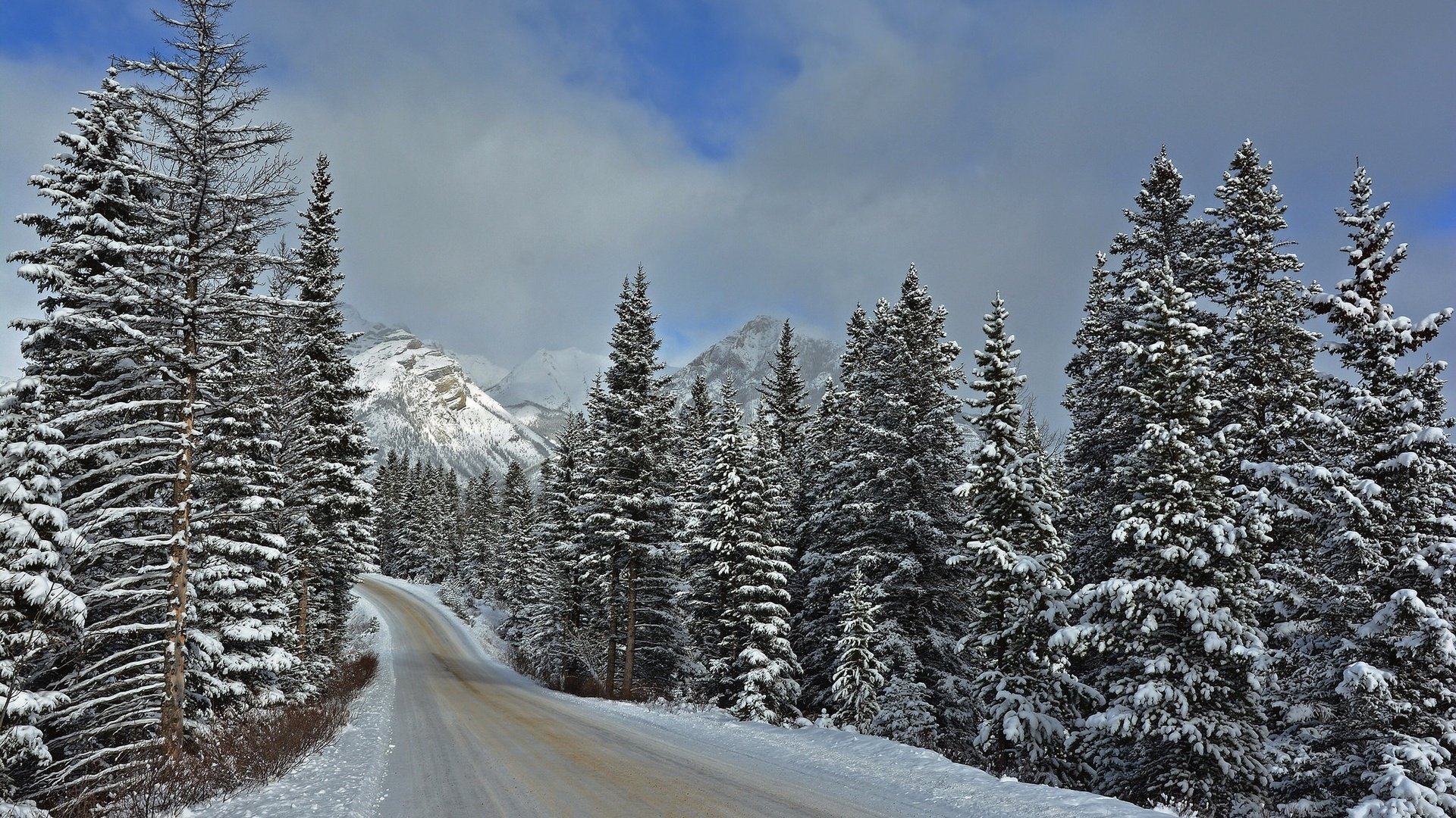 Обои дорога, горы, зима, пейзаж, национальный парк банф, road, mountains, winter, landscape, banff national park разрешение 2048x1366 Загрузить