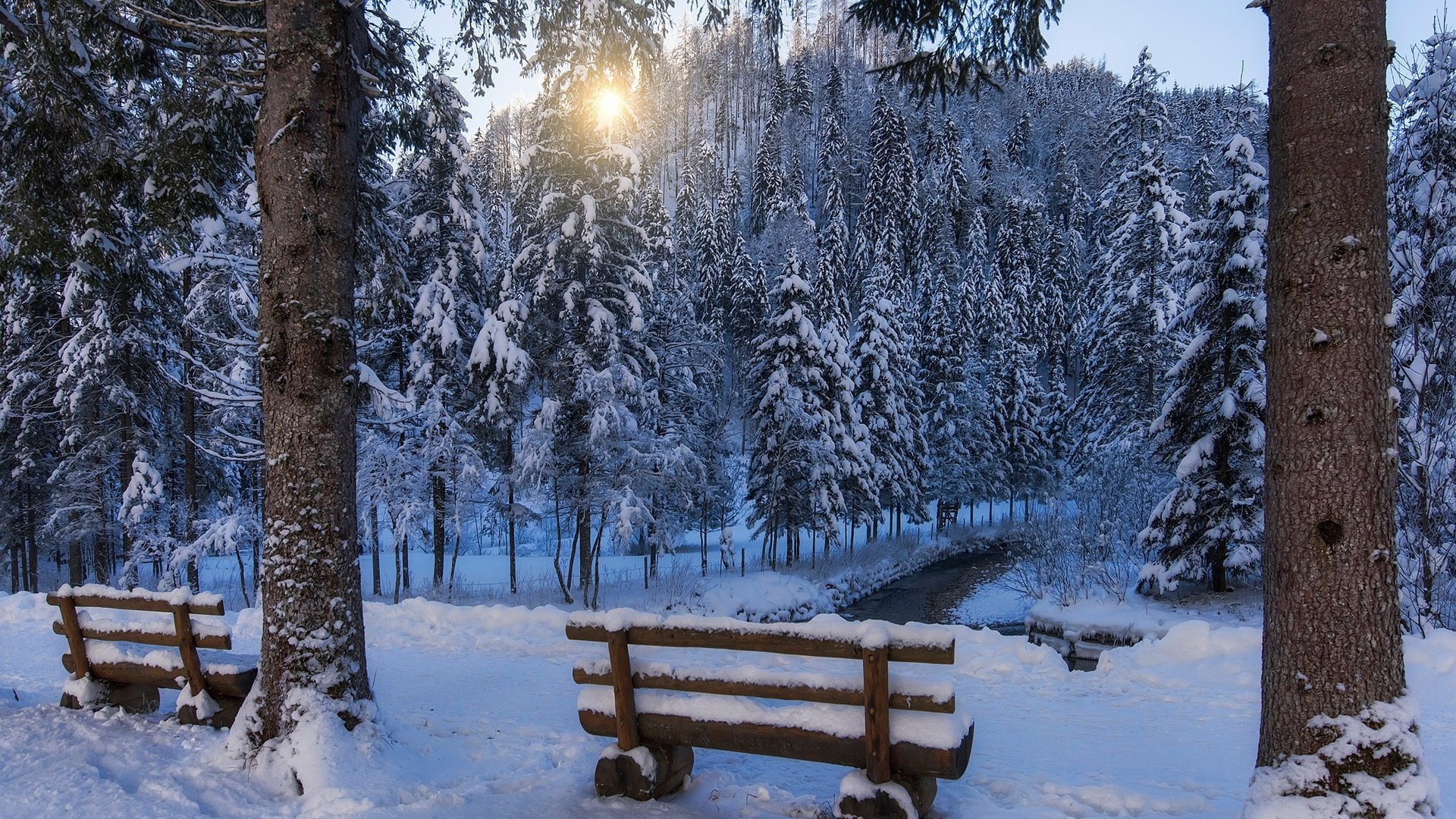 Зимний пейзаж со скамейкой