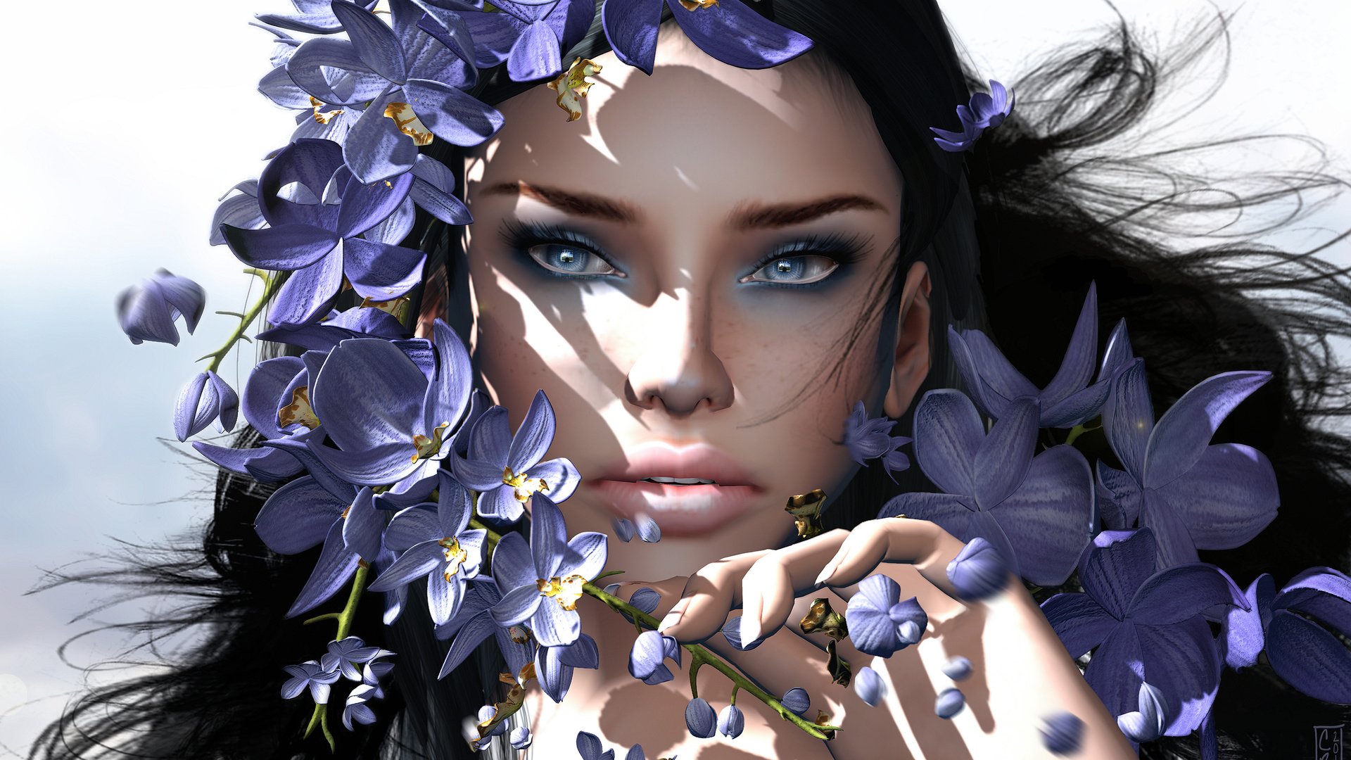 Обои цветы, девушка, взгляд, волосы, лицо, орхидеи, flowers, girl, look, hair, face, orchids разрешение 2880x1800 Загрузить