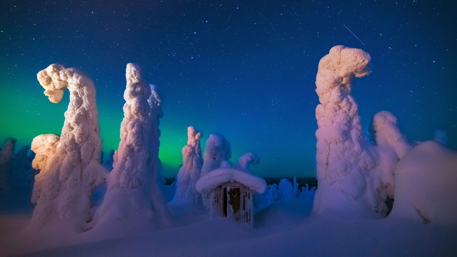 Обои ночь, деревья, снег, природа, лес, зима, домик, night, trees, snow, nature, forest, winter, house разрешение 1920x1200 Загрузить